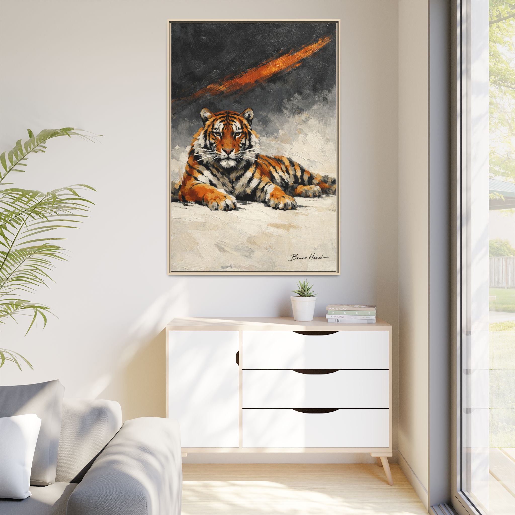 Framed Tiger Canvas Wall Art — Majestic Orange & Gray Matte Print
