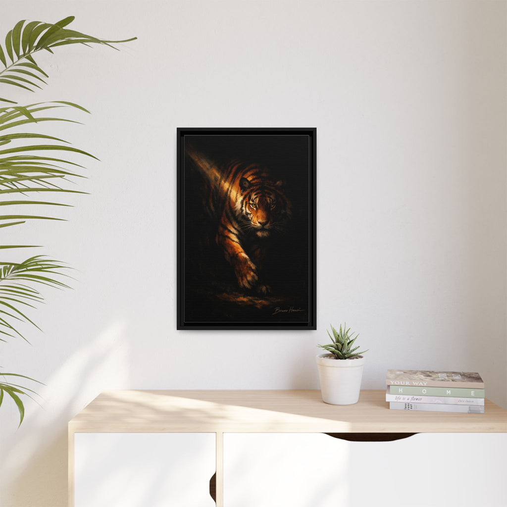 Tiger in the Shadows Matte Framed Canvas Print — Dramatic Wildlife Wall Art
