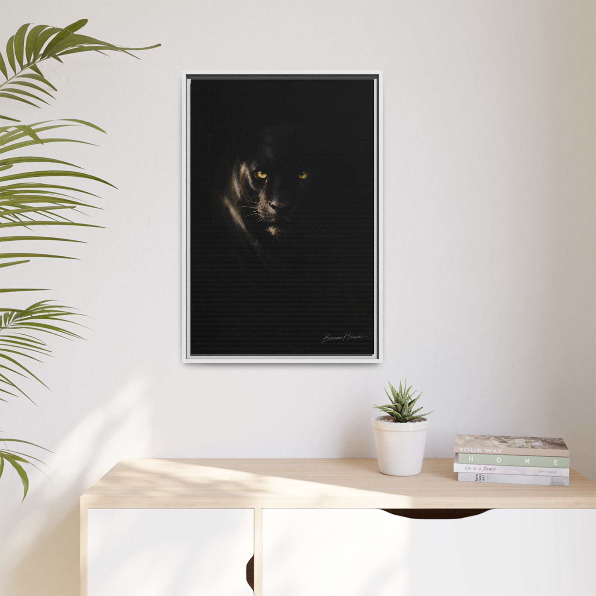 Framed Matte Canvas - Black Panther Wall Art with Golden Eyes
