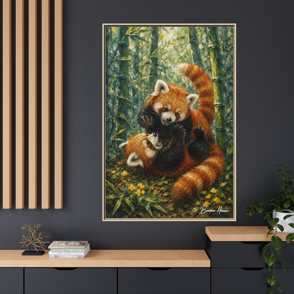 Red Panda Playtime Framed Canvas Wall Art — Playful Wildlife Print