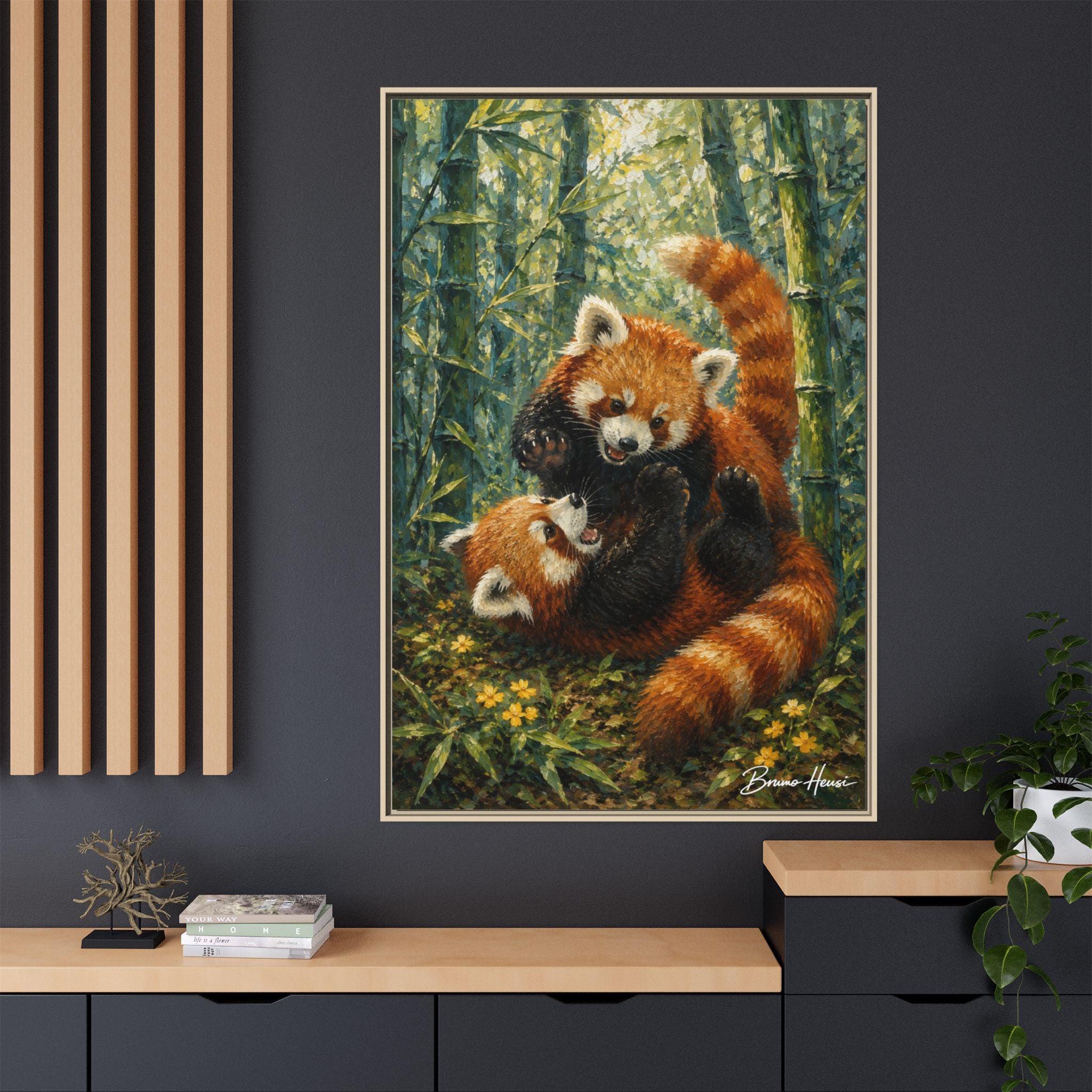Red Panda Playtime Framed Canvas Wall Art — Playful Wildlife Print