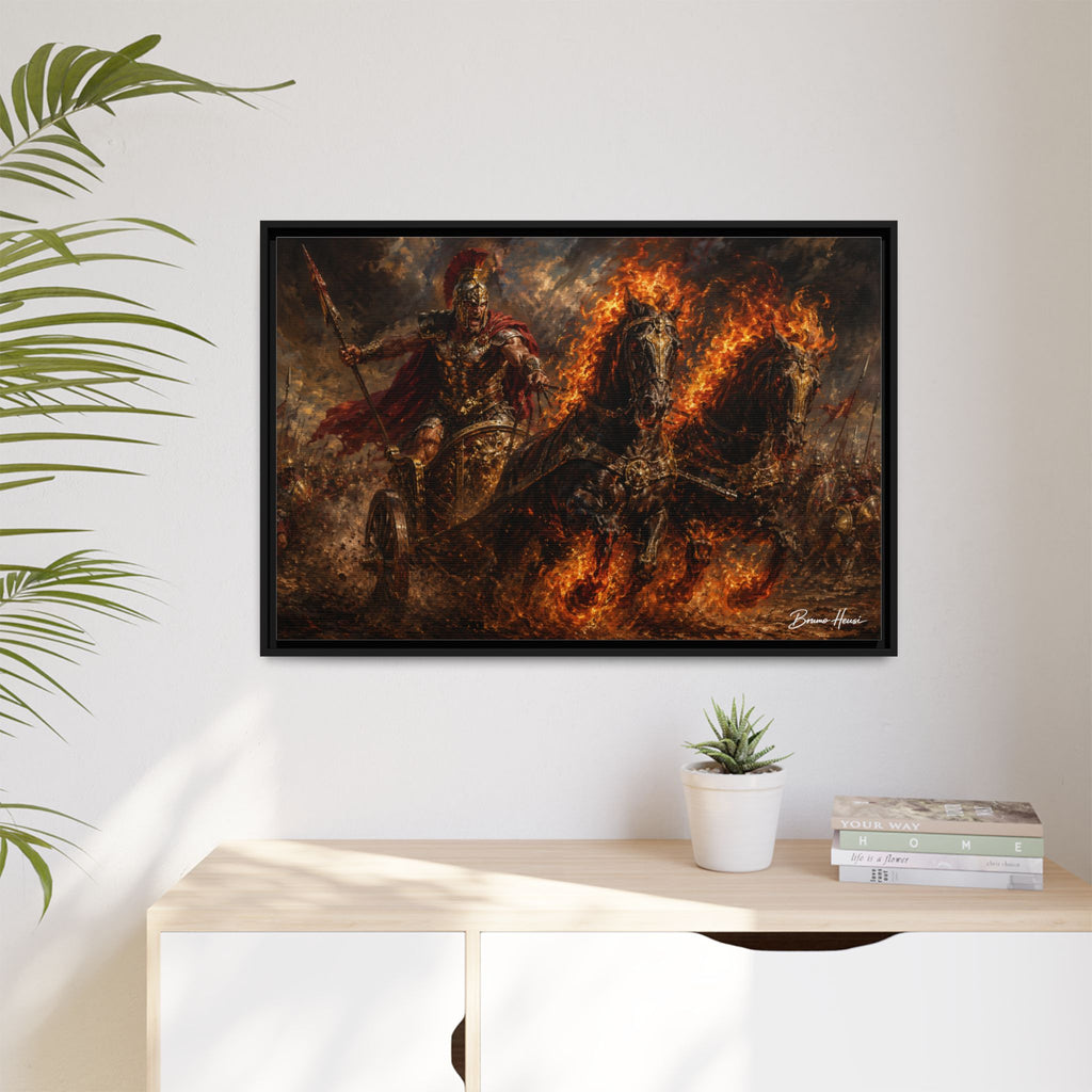 Flaming Chariot Framed Canvas Wall Art — Mythic Warrior Matte Print