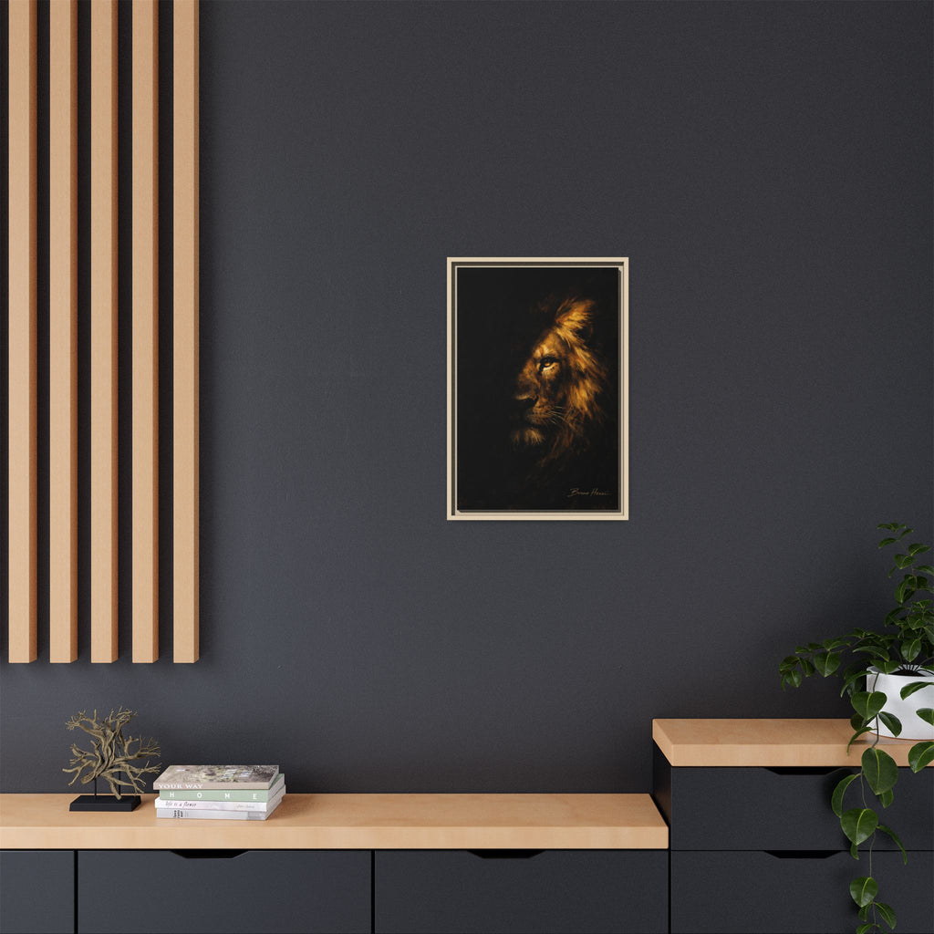 Majestic Lion Portrait Framed Canvas Wall Art — Golden Mane on Black Matte Print