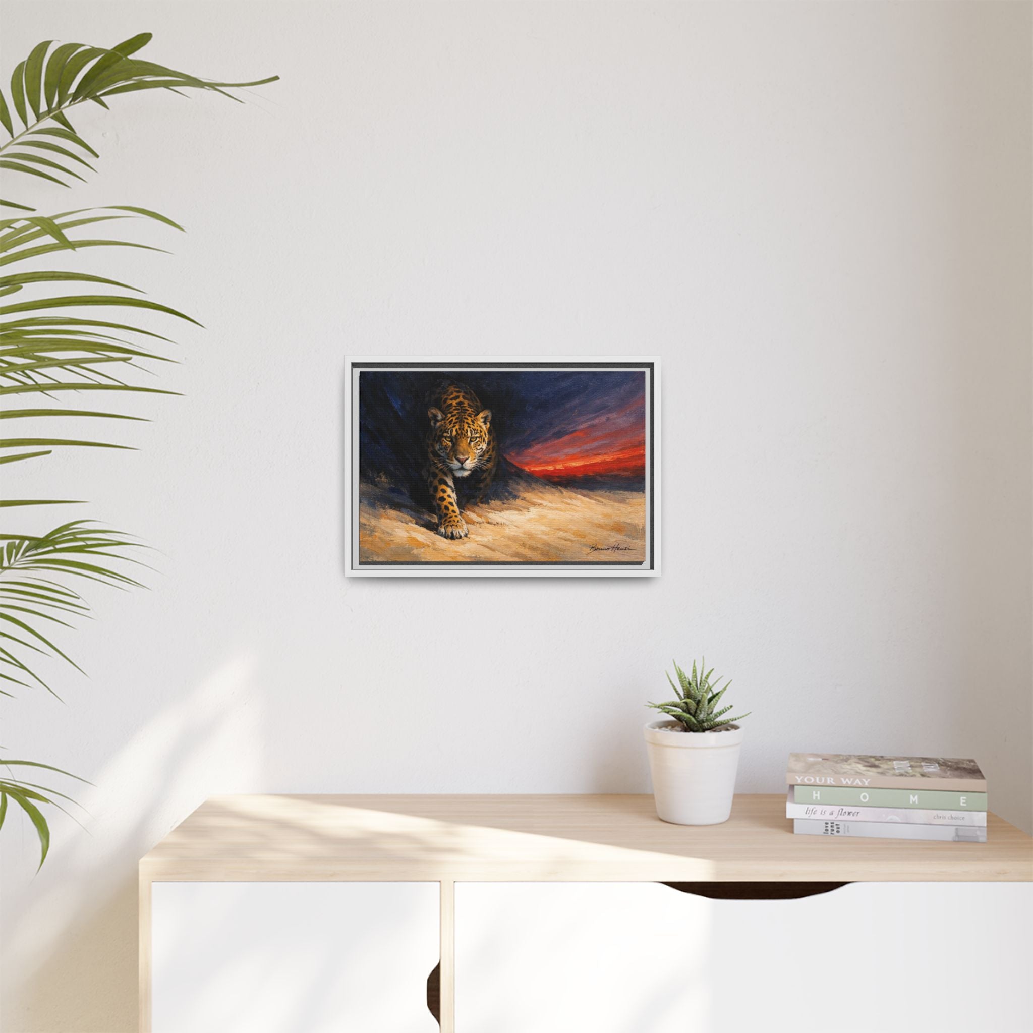 Framed Jaguar Canvas Art – Majestic Big Cat Painting with Sunset Sky