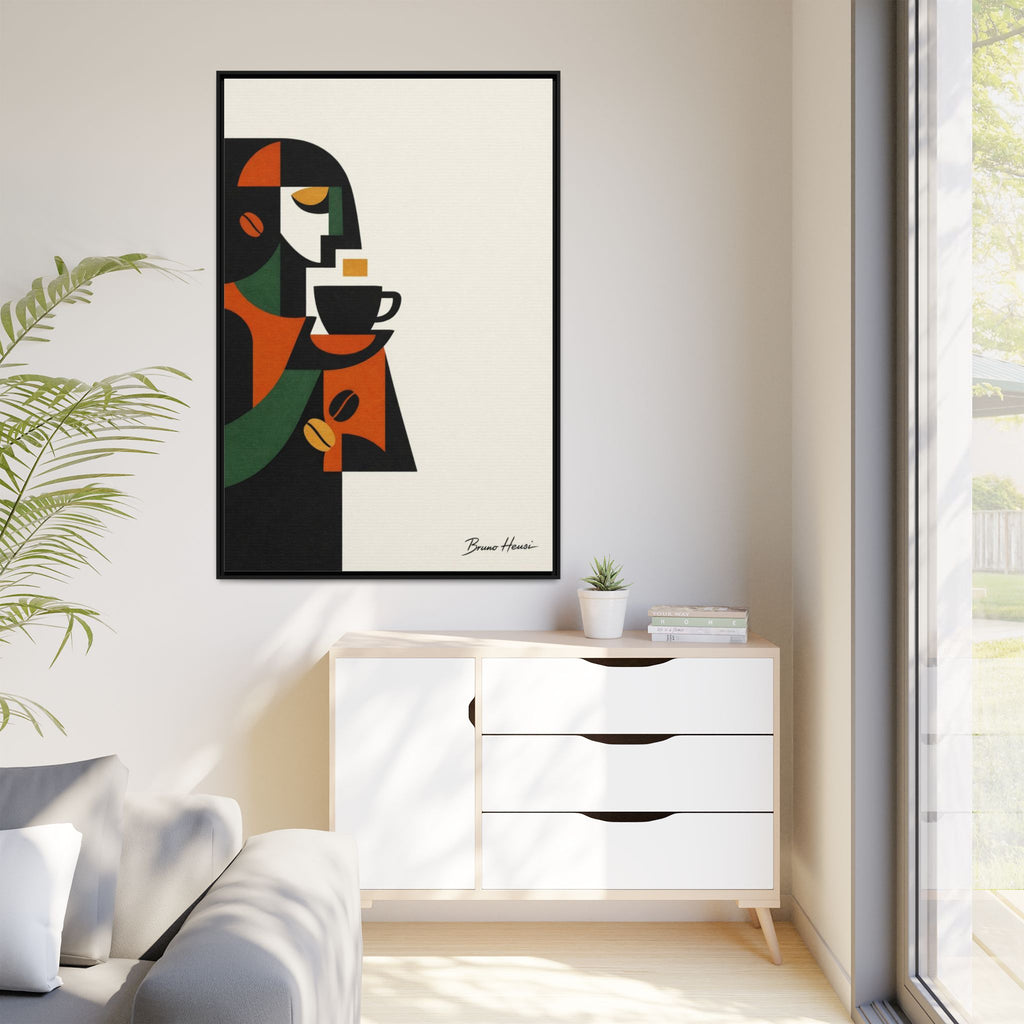Abstract Coffee Drinker Framed Canvas Print — Modern Café Wall Art