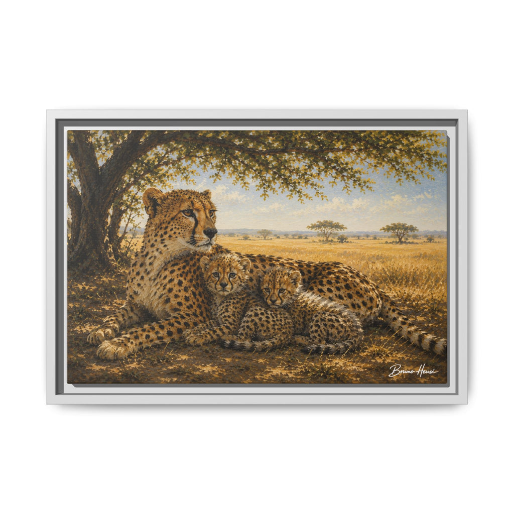 Cheetah Mother & Cubs Framed Canvas Wall Art – African Wildlife Safari Print