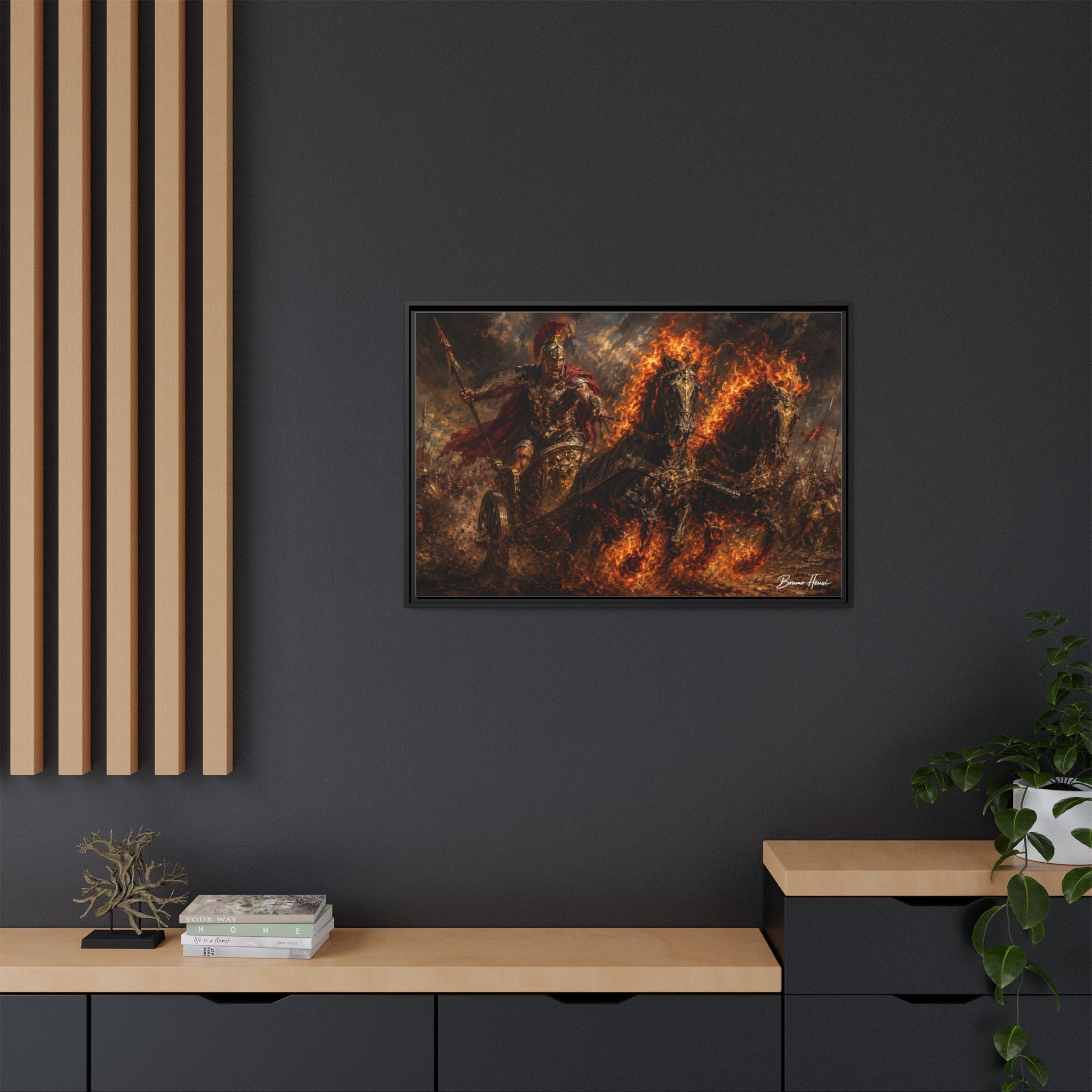 Flaming Chariot Framed Canvas Wall Art — Mythic Warrior Matte Print