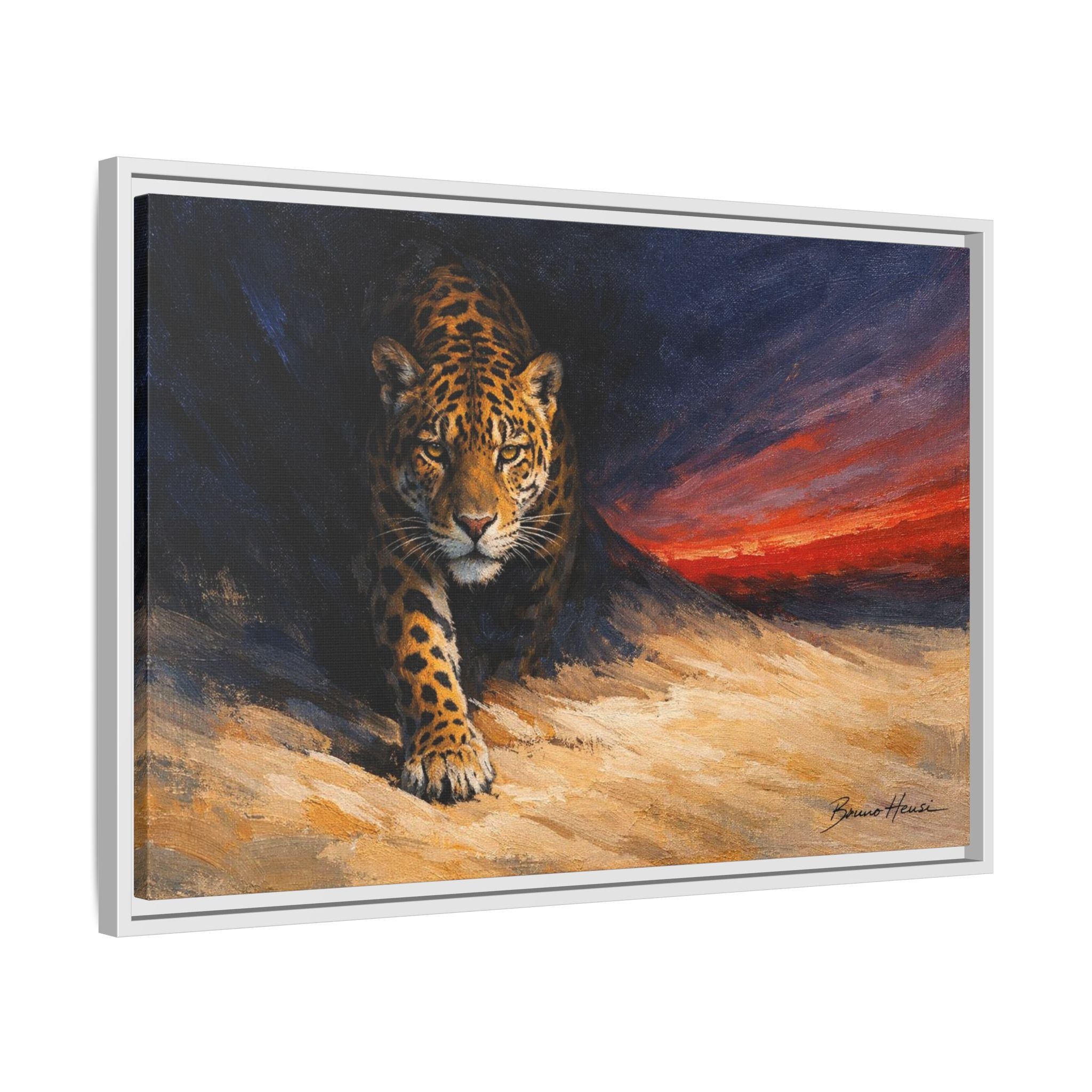 Framed Jaguar Canvas Art – Majestic Big Cat Painting with Sunset Sky