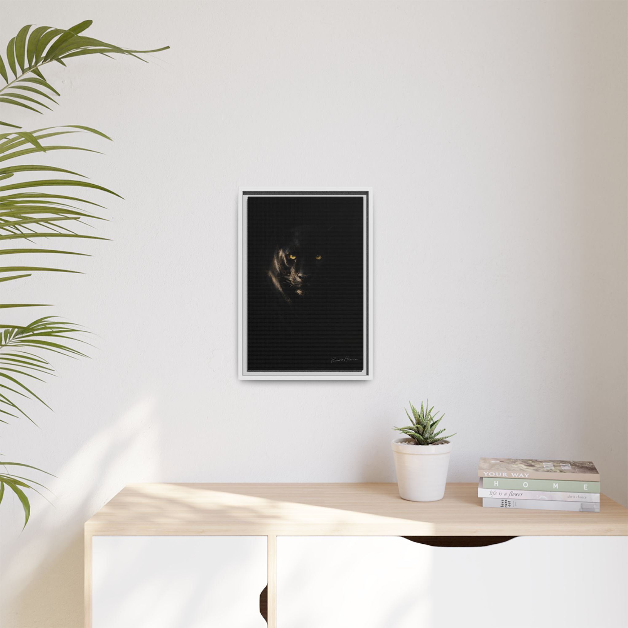 Framed Matte Canvas - Black Panther Wall Art with Golden Eyes