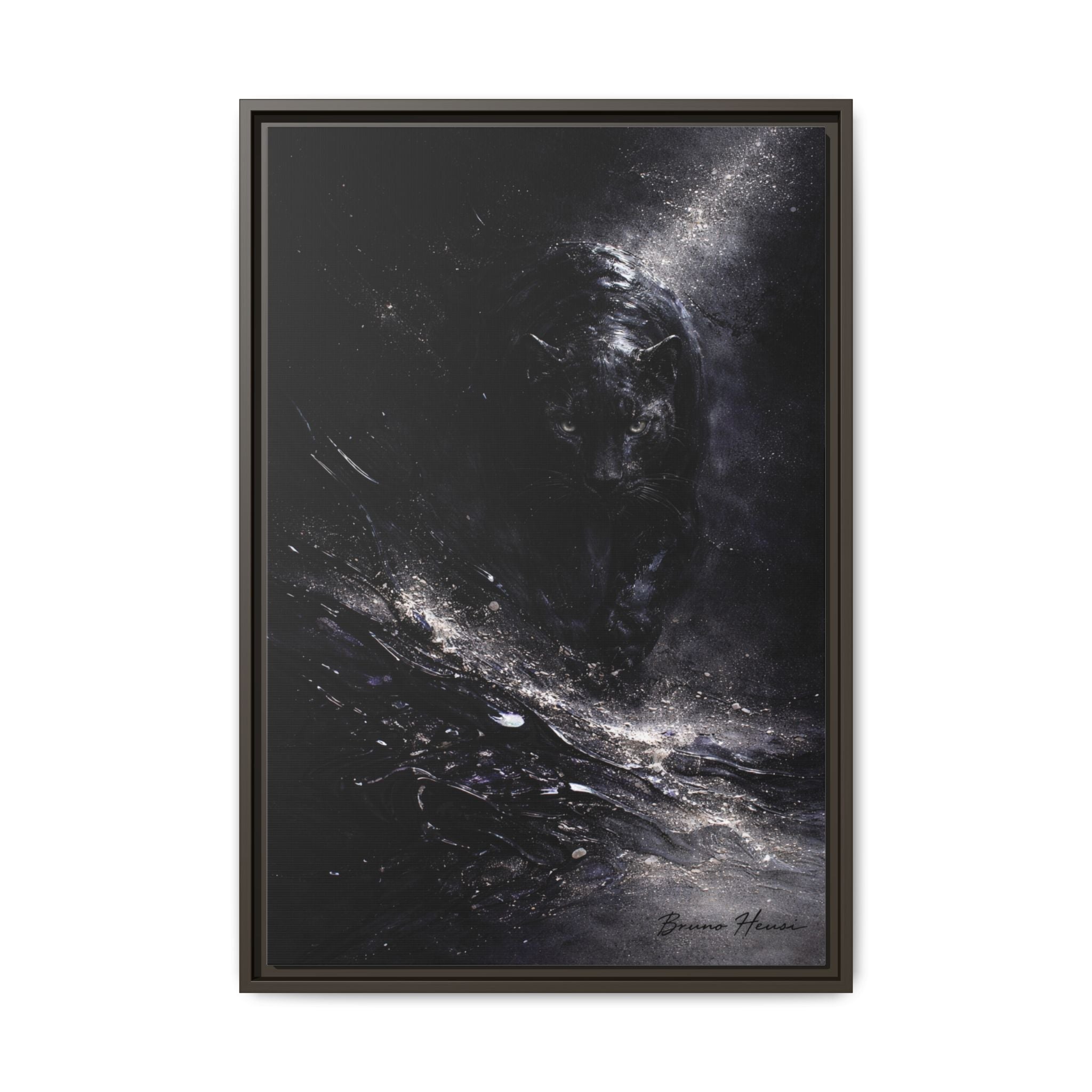 Cosmic Black Panther Matte Framed Canvas – Dark Abstract Wildlife Wall Art