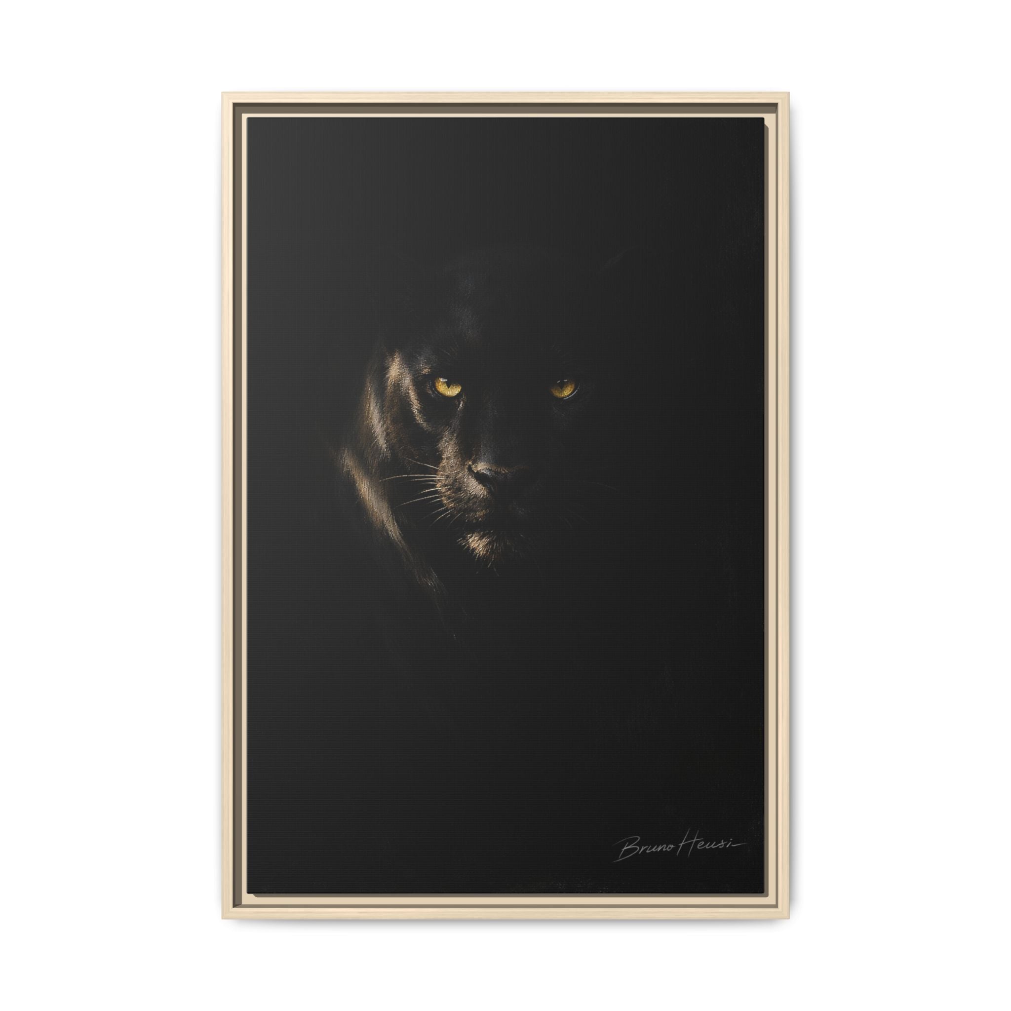 Framed Matte Canvas - Black Panther Wall Art with Golden Eyes
