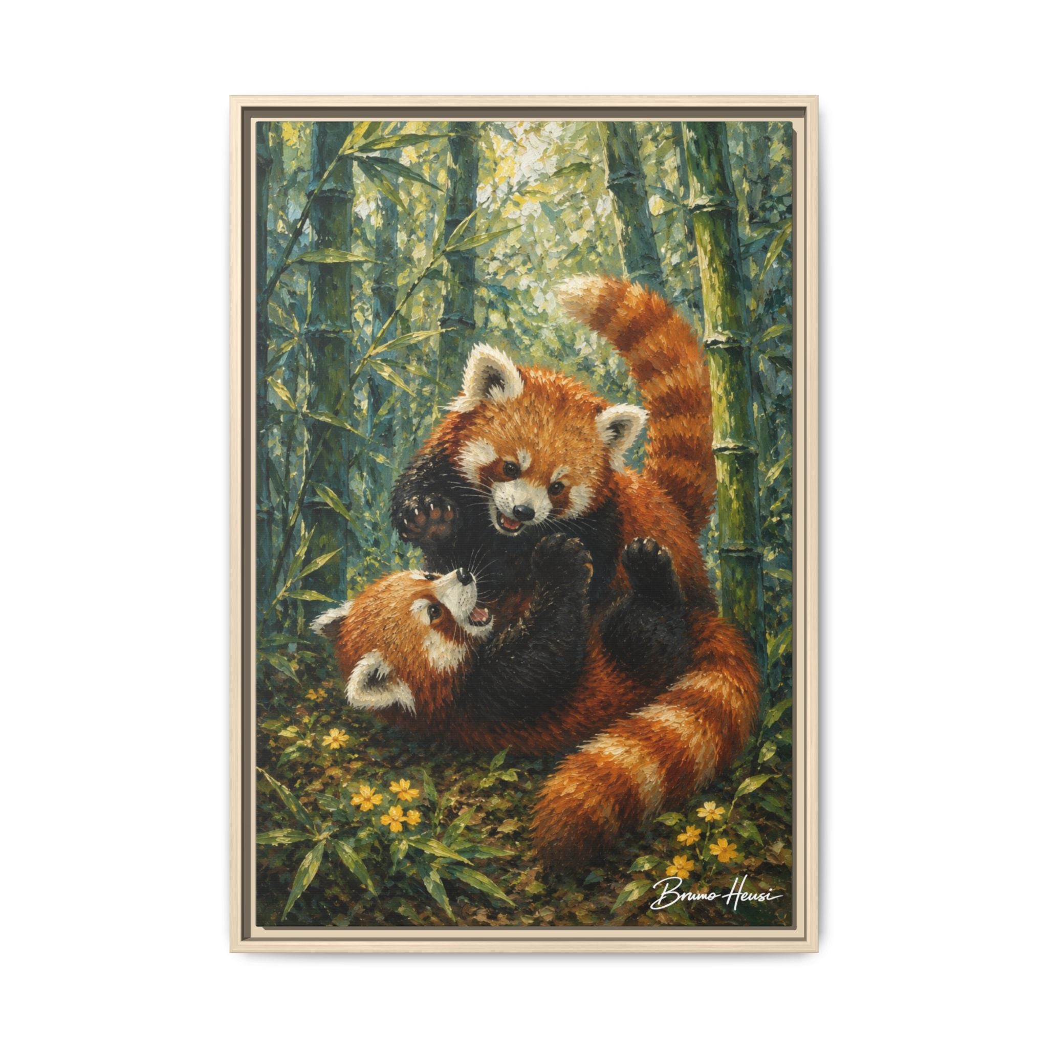 Red Panda Playtime Framed Canvas Wall Art — Playful Wildlife Print