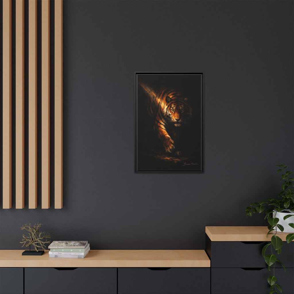Tiger in the Shadows Matte Framed Canvas Print — Dramatic Wildlife Wall Art