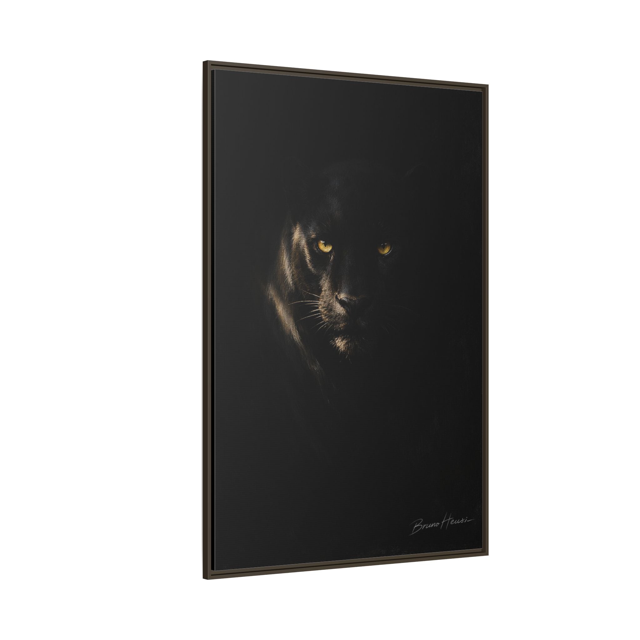 Framed Matte Canvas - Black Panther Wall Art with Golden Eyes
