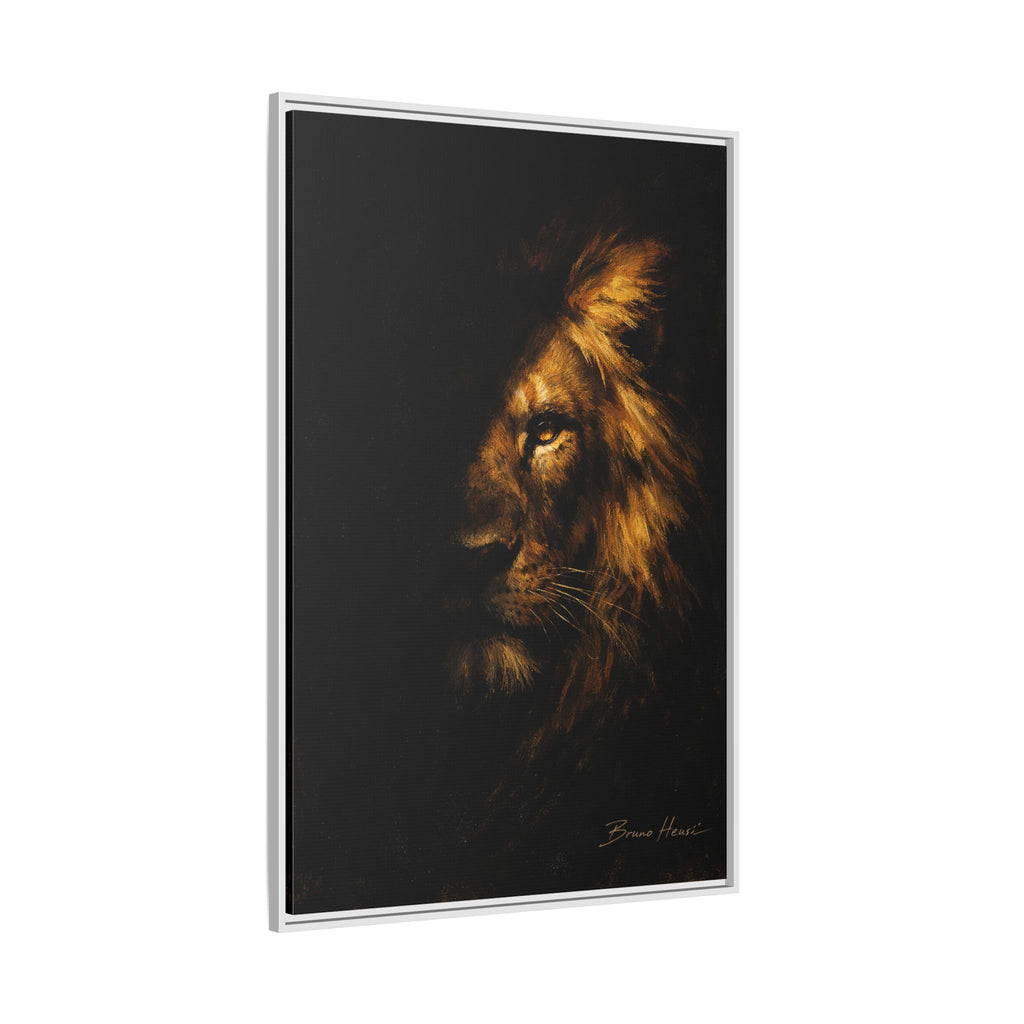 Majestic Lion Portrait Framed Canvas Wall Art — Golden Mane on Black Matte Print