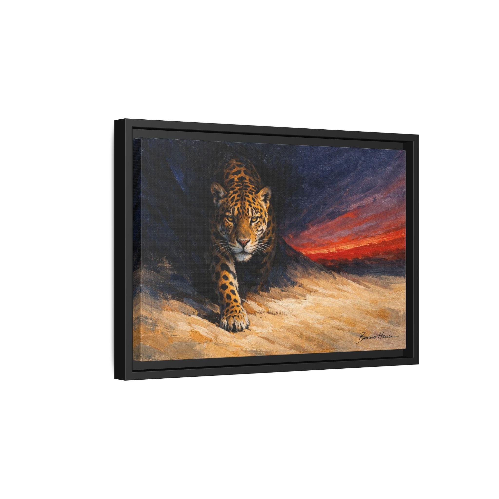 Framed Jaguar Canvas Art – Majestic Big Cat Painting with Sunset Sky