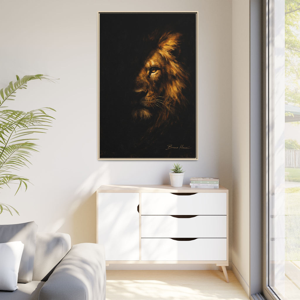 Majestic Lion Portrait Framed Canvas Wall Art — Golden Mane on Black Matte Print