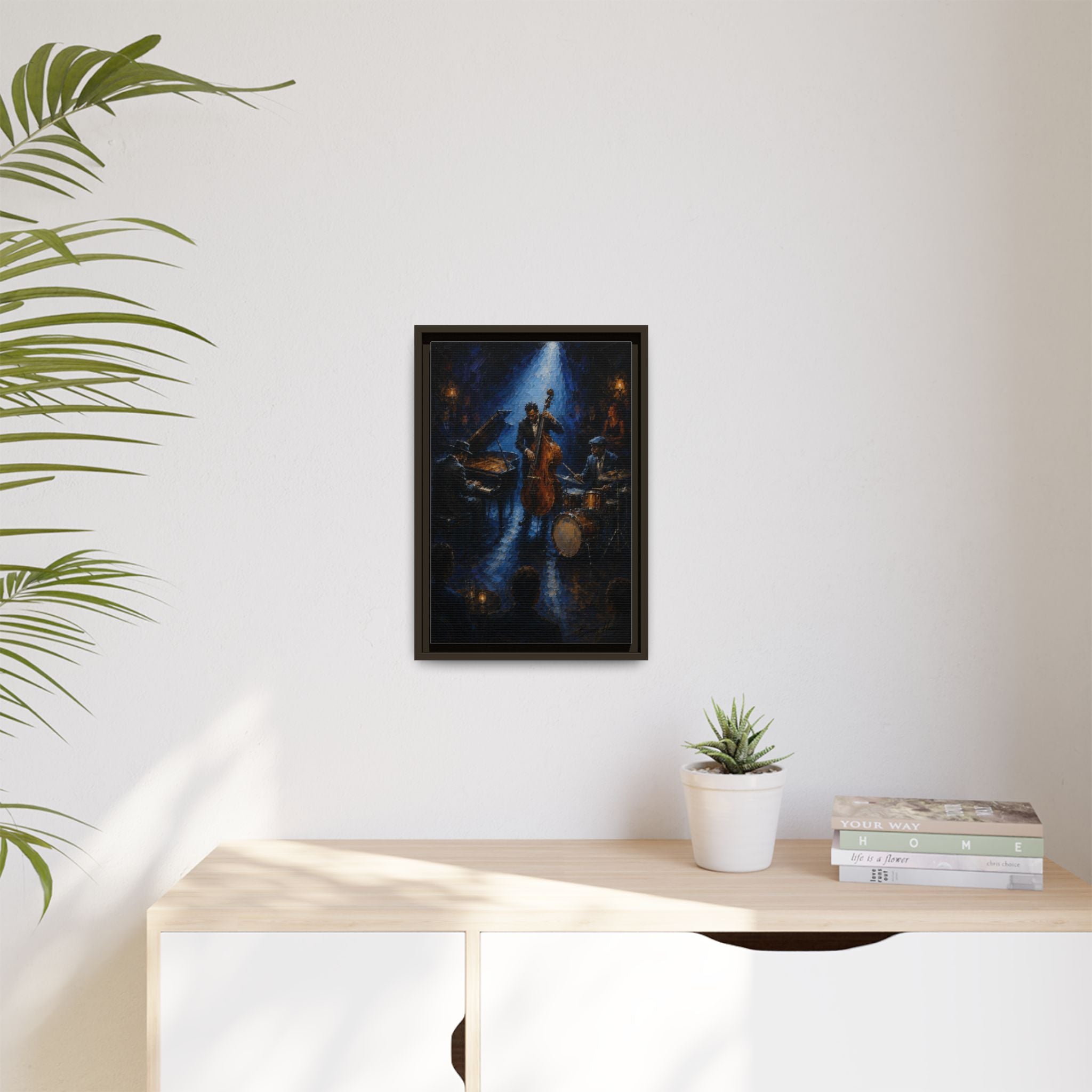 Framed Jazz Quartet Canvas Wall Art – Moody Blue Music Scene
