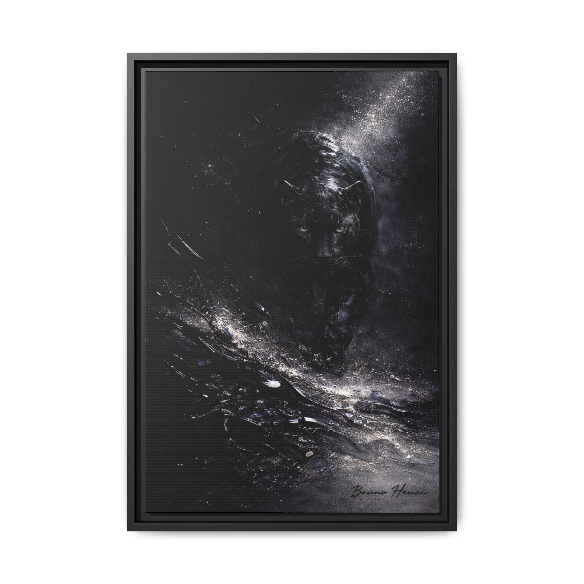 Cosmic Black Panther Matte Framed Canvas – Dark Abstract Wildlife Wall Art