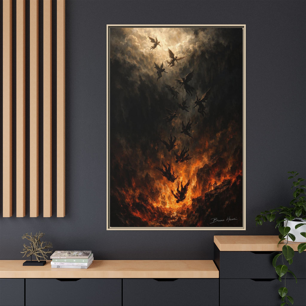 Falling Angels Matte Framed Canvas Print — Dark Fantasy Wall Art