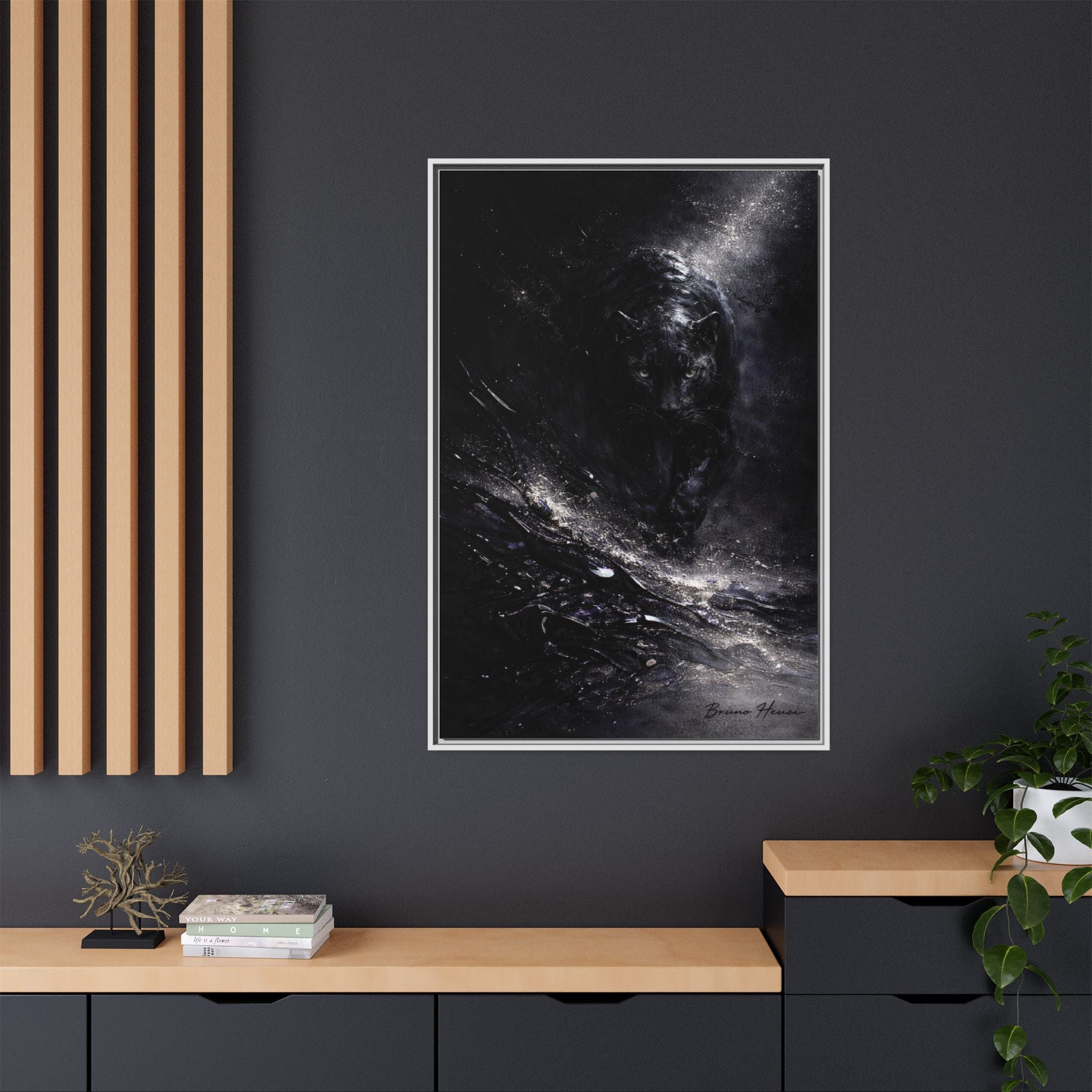 Cosmic Black Panther Matte Framed Canvas – Dark Abstract Wildlife Wall Art