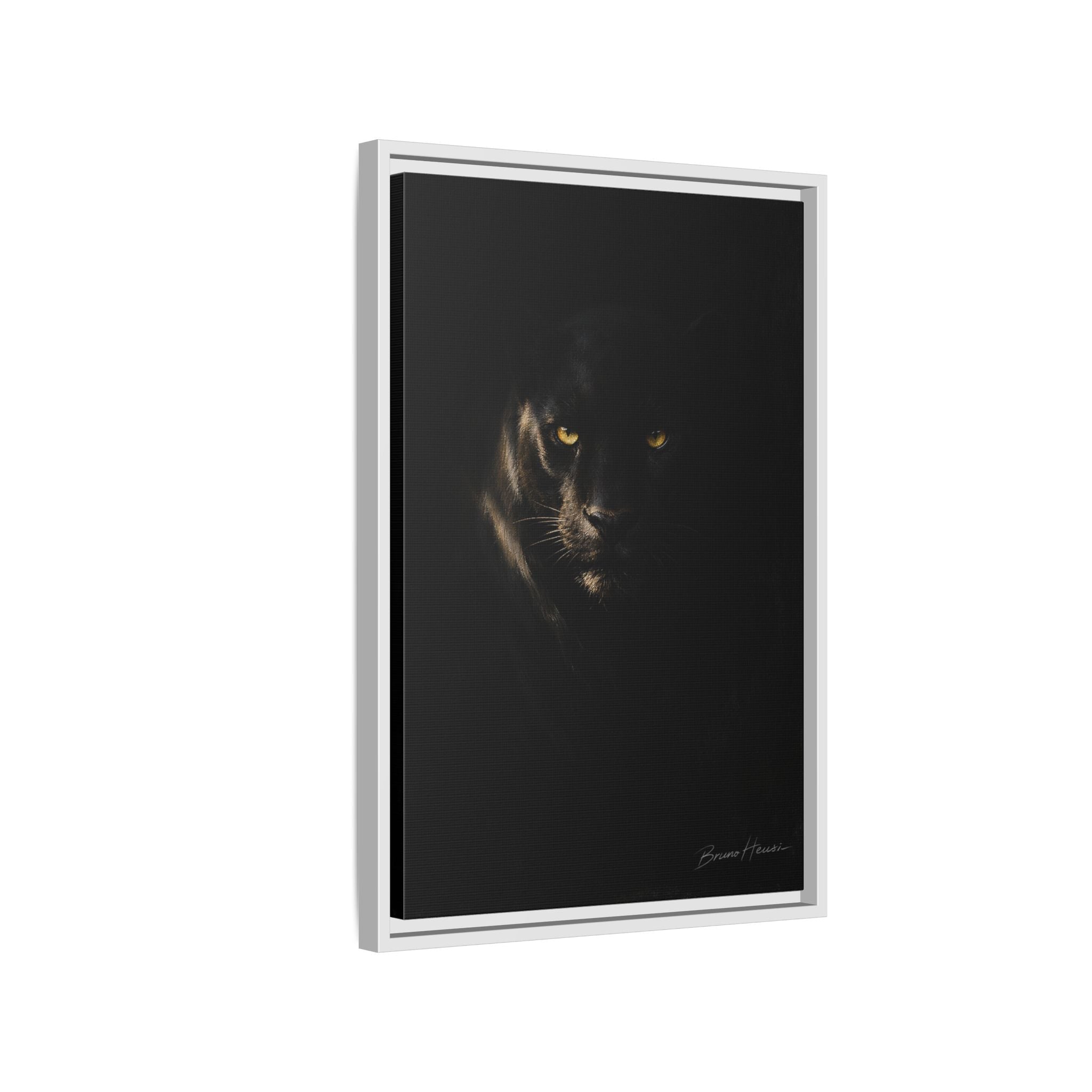 Framed Matte Canvas - Black Panther Wall Art with Golden Eyes