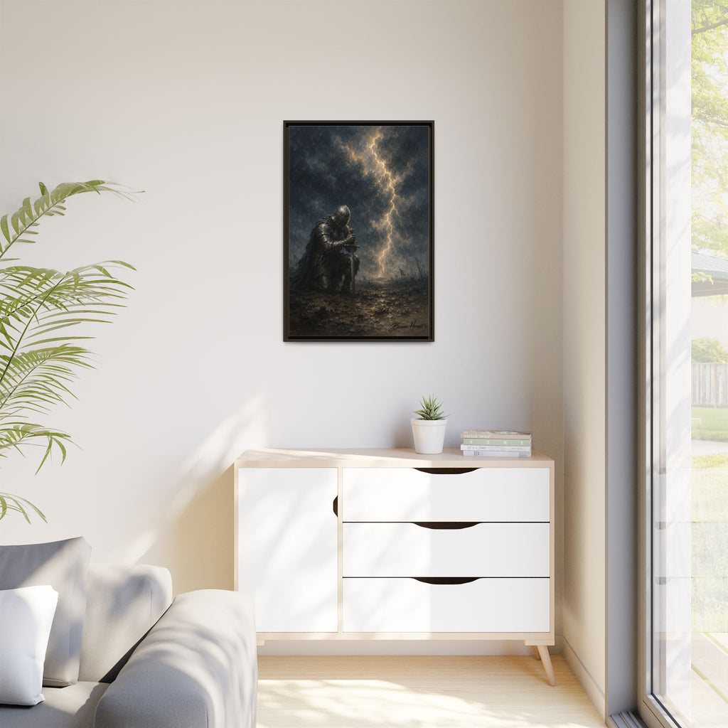 Knight in Thunderstorm Matte Framed Canvas — Dark Fantasy Wall Art