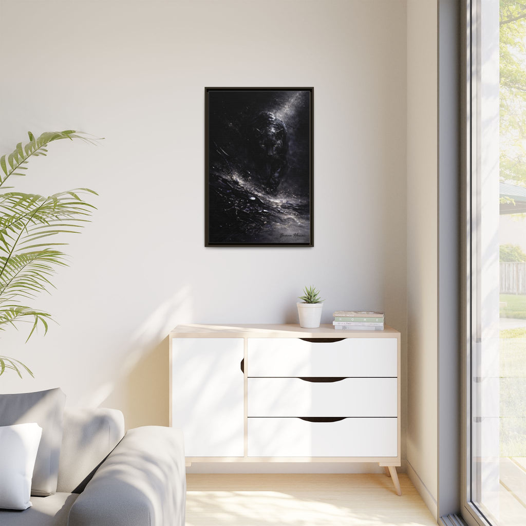Cosmic Black Panther Matte Framed Canvas – Dark Abstract Wildlife Wall Art