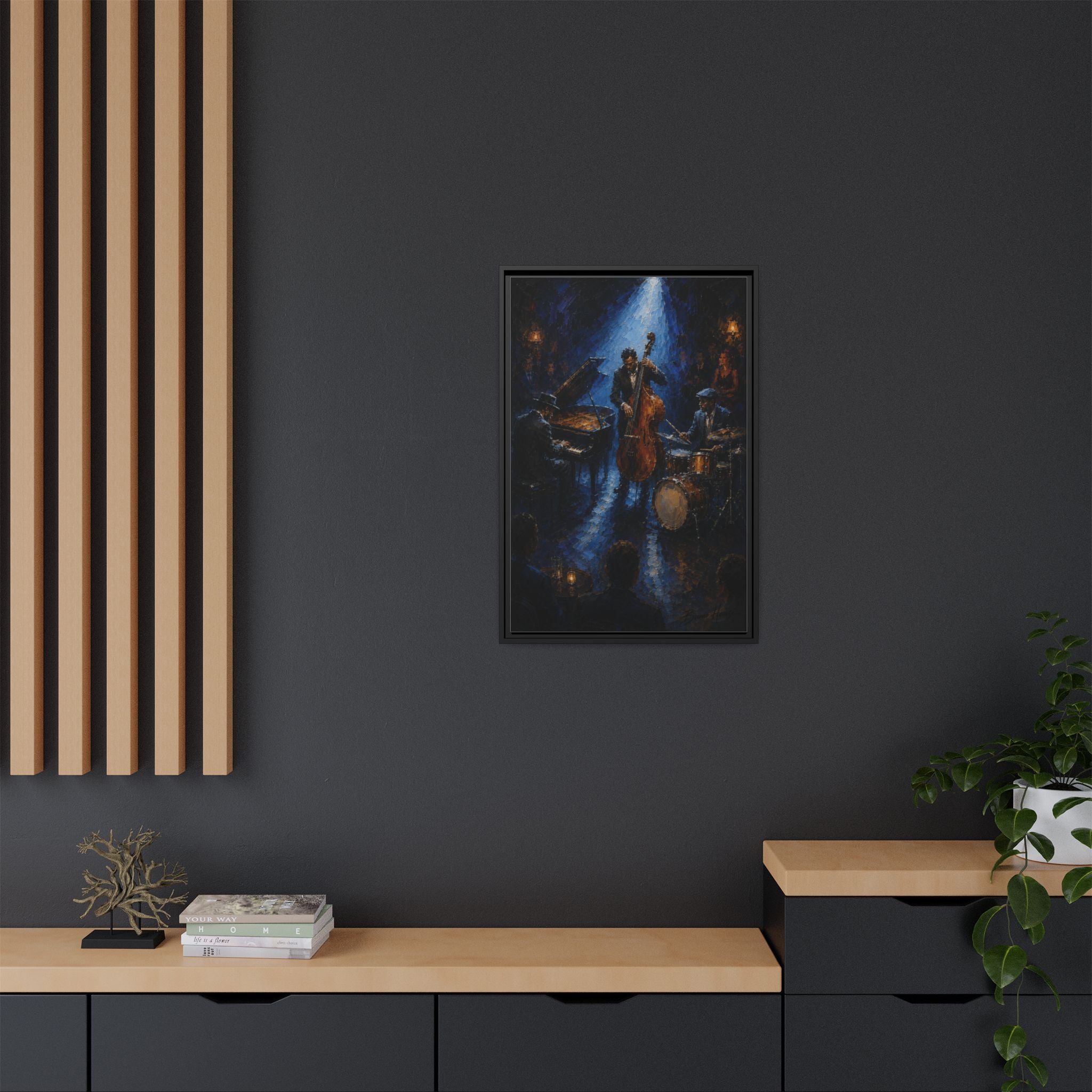 Framed Jazz Quartet Canvas Wall Art – Moody Blue Music Scene