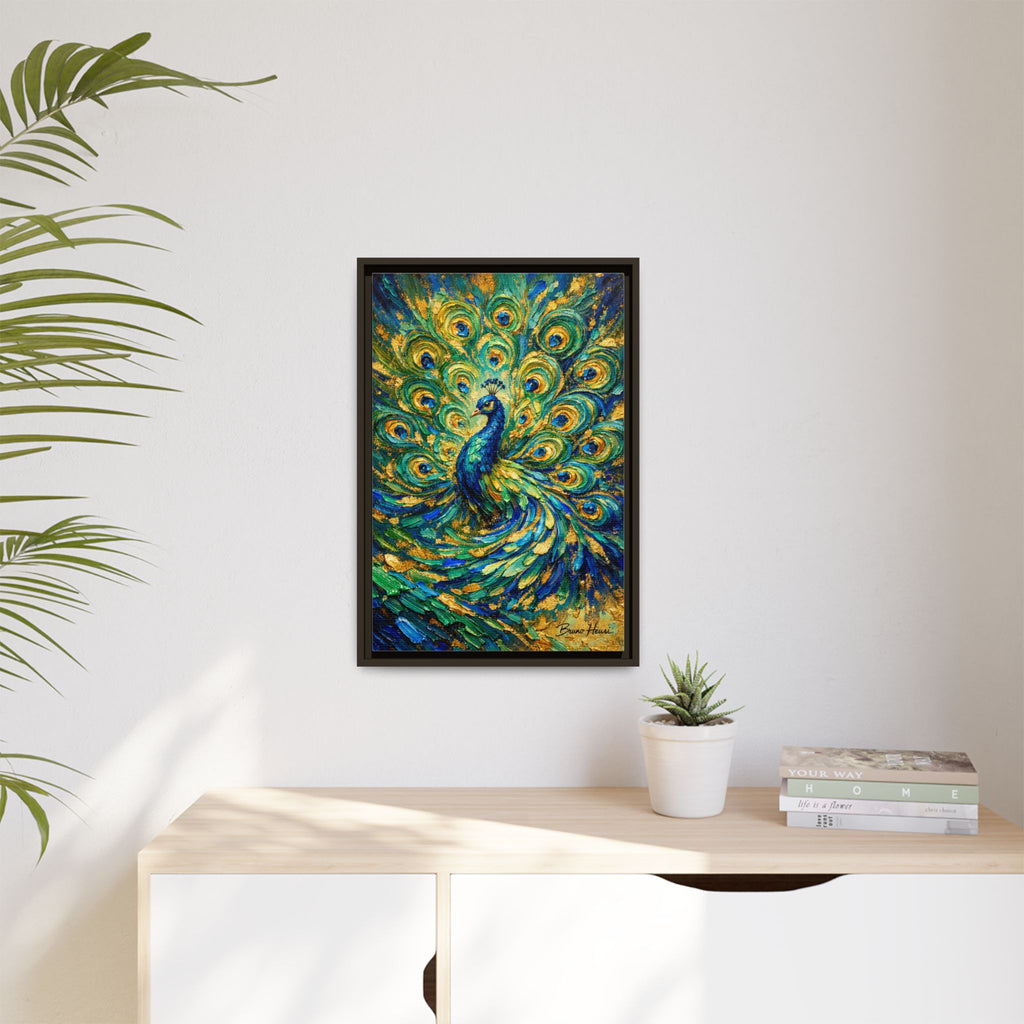 Peacock Oil-Style Framed Canvas Wall Art — Vibrant Blue & Gold Peacock Painting
