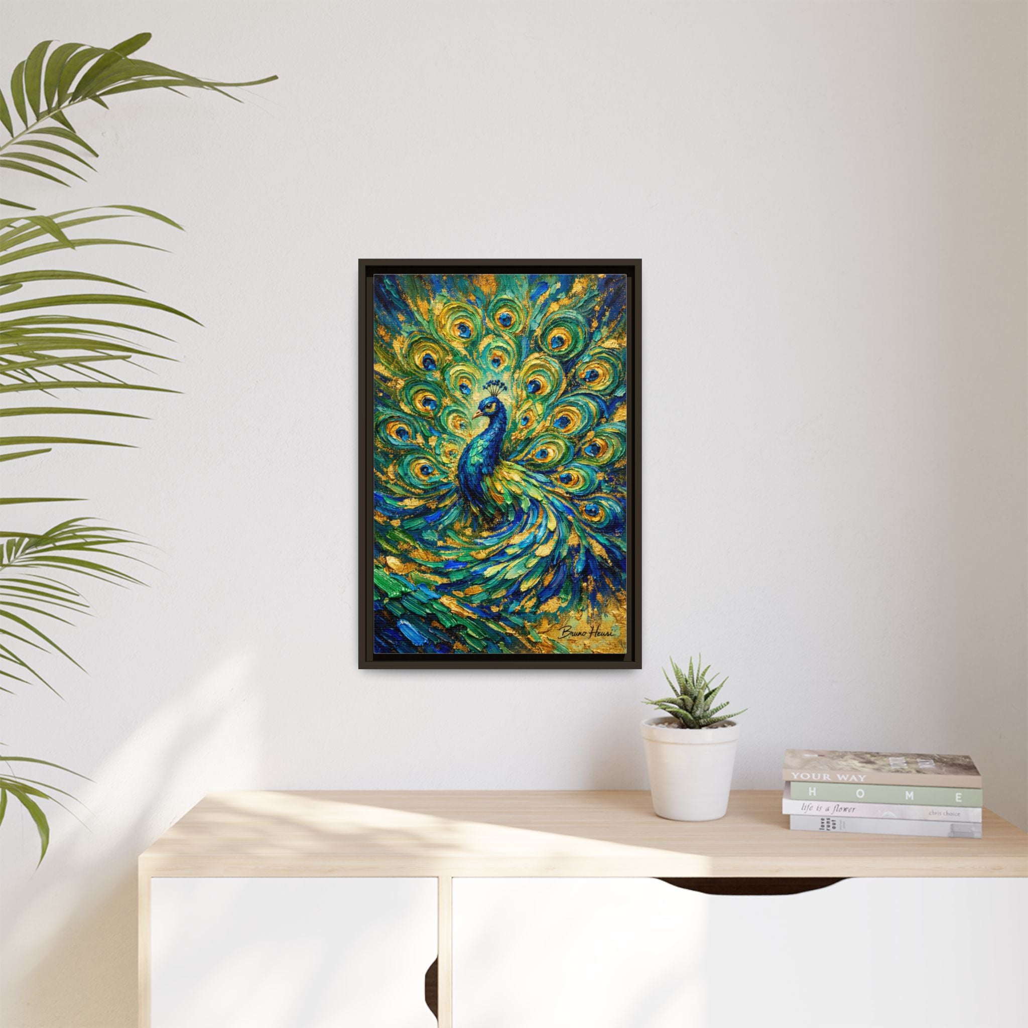 Peacock Oil-Style Framed Canvas Wall Art — Vibrant Blue & Gold Peacock Painting