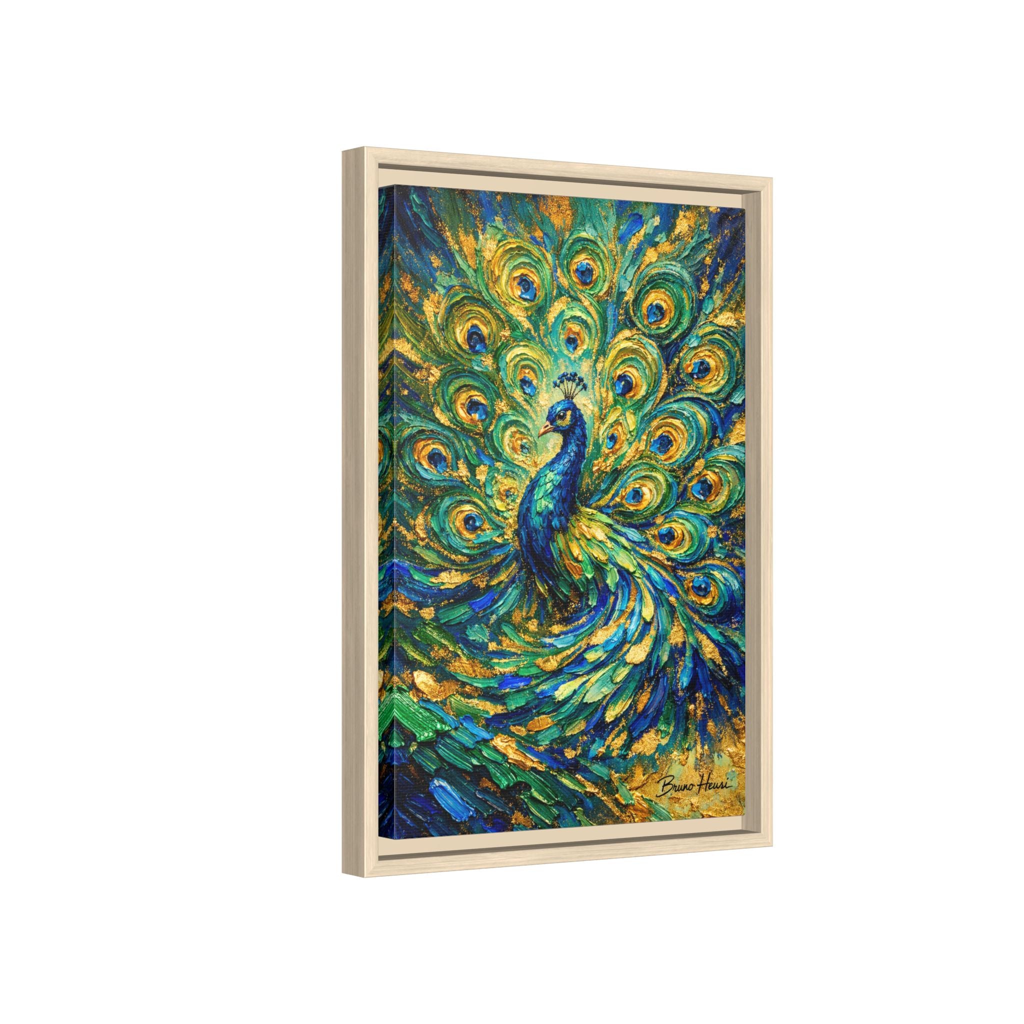 Peacock Oil-Style Framed Canvas Wall Art — Vibrant Blue & Gold Peacock Painting