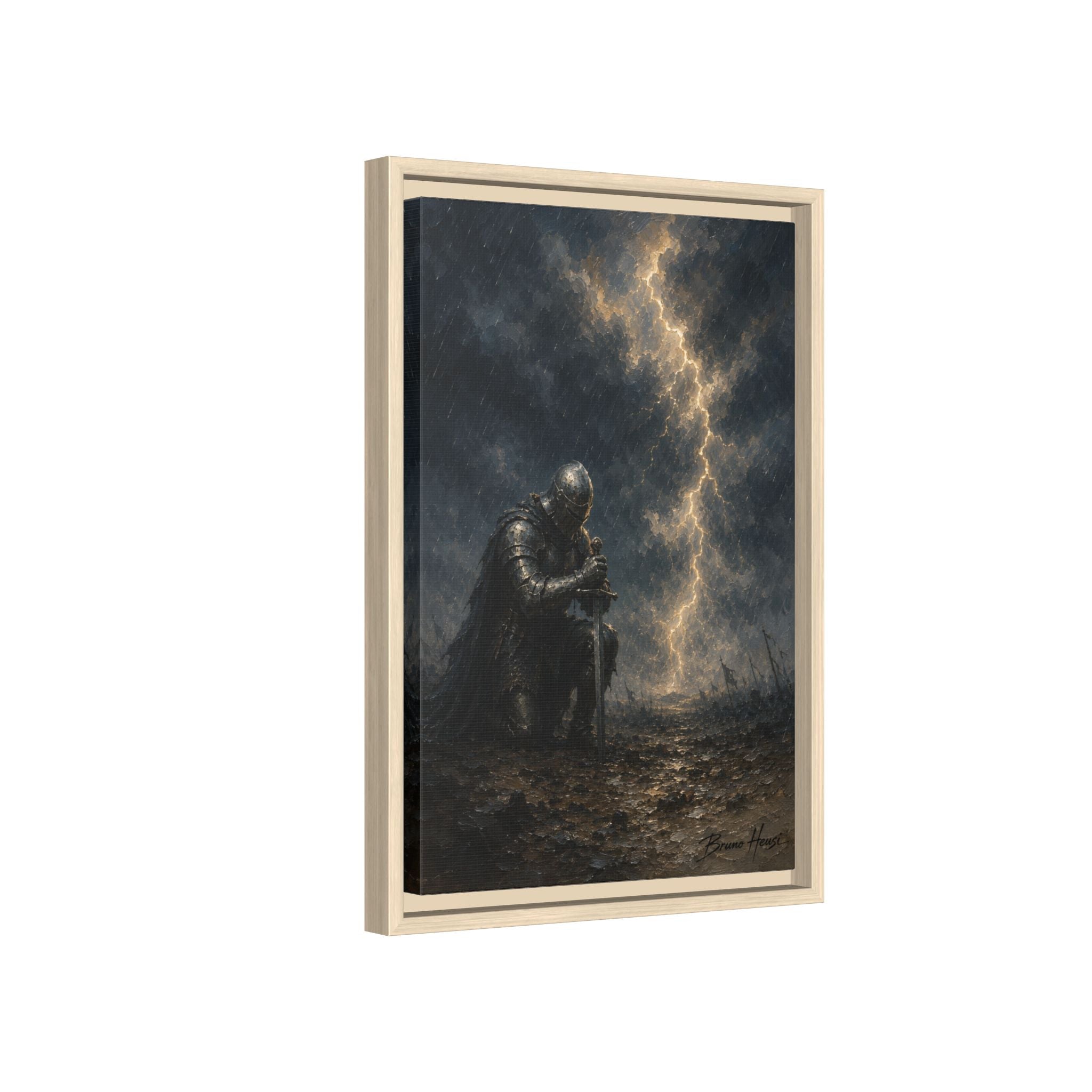 Knight in Thunderstorm Matte Framed Canvas — Dark Fantasy Wall Art