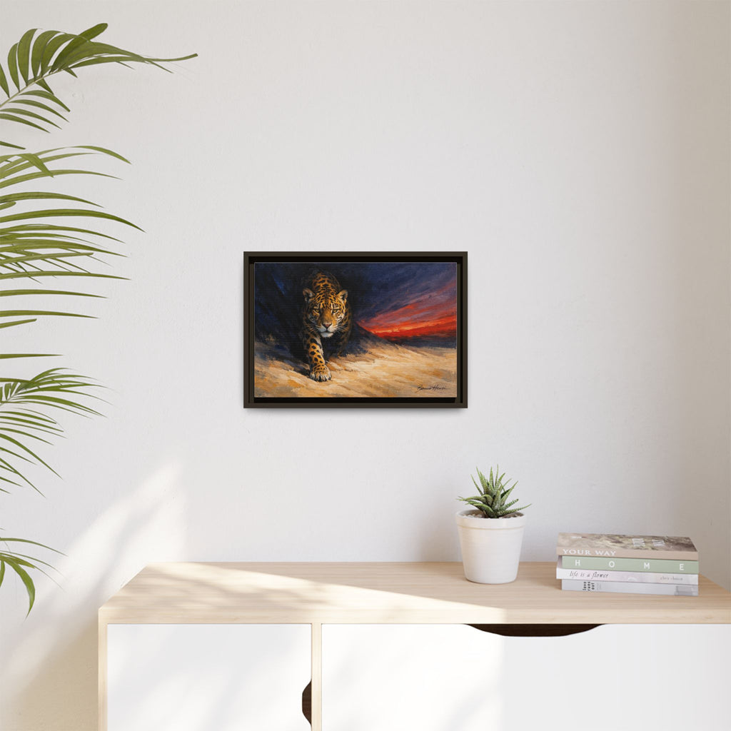 Framed Jaguar Canvas Art – Majestic Big Cat Painting with Sunset Sky