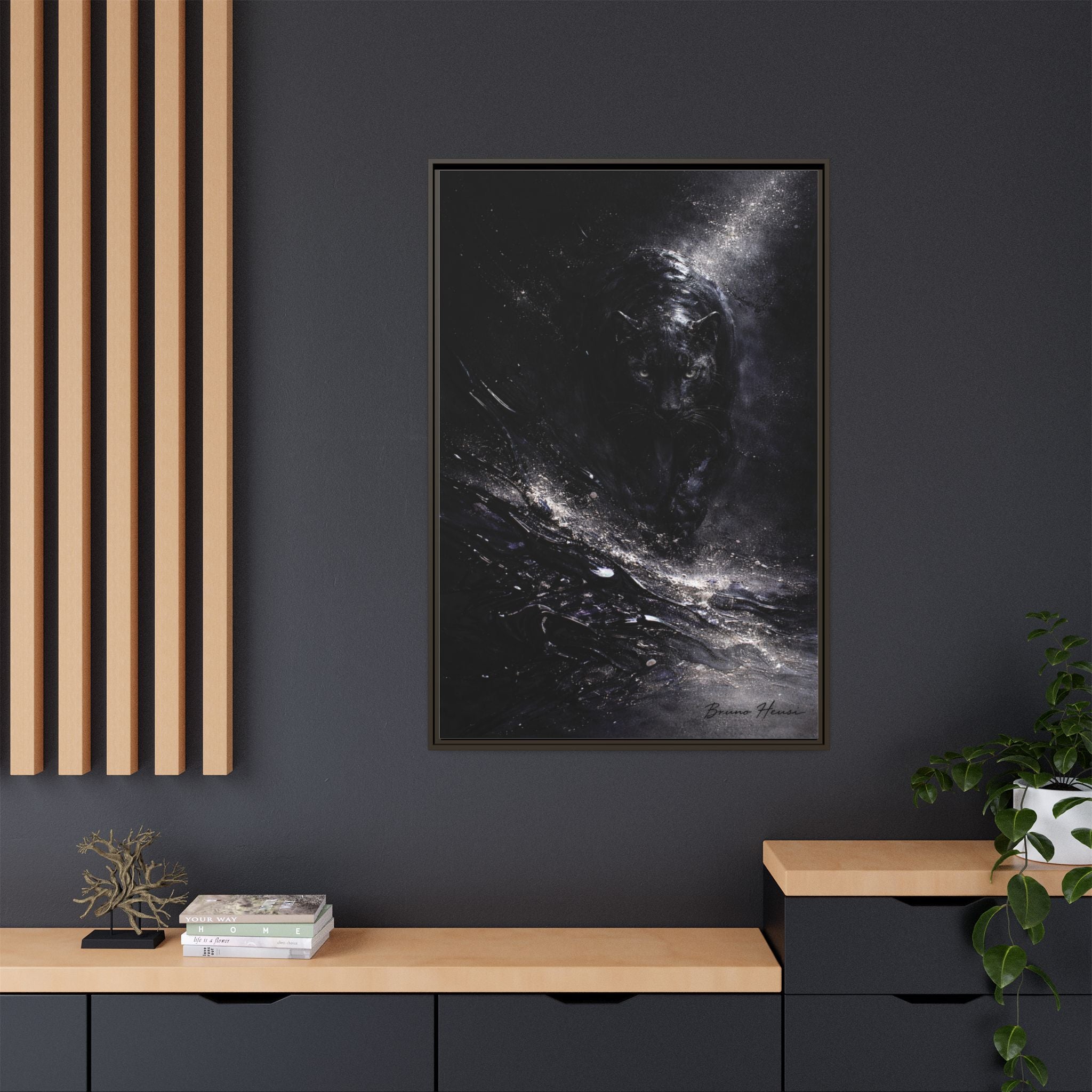 Cosmic Black Panther Matte Framed Canvas – Dark Abstract Wildlife Wall Art