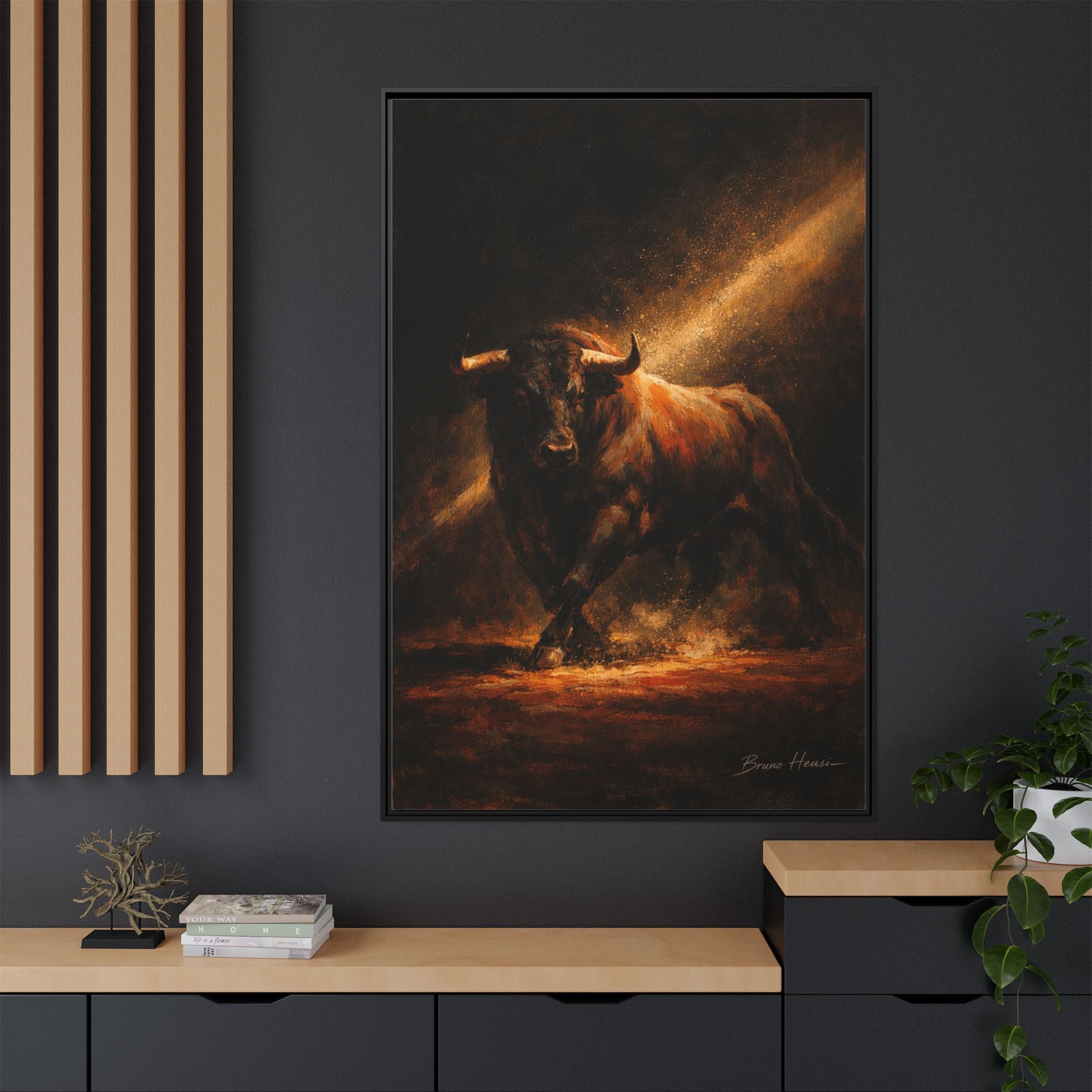 Framed Matte Canvas Art - Dramatic Charging Bull Painting