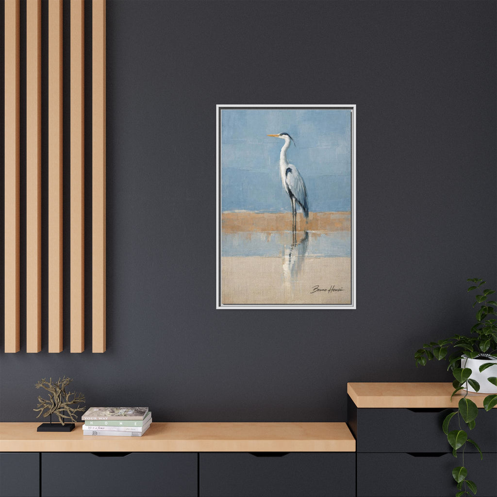 Framed Heron Canvas Art – Coastal Shorebird Wall Decor
