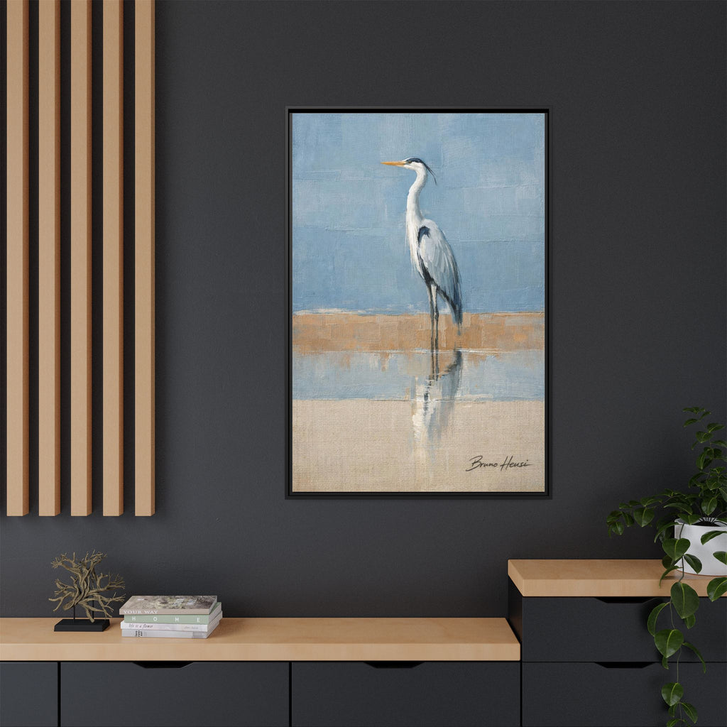 Framed Heron Canvas Art – Coastal Shorebird Wall Decor