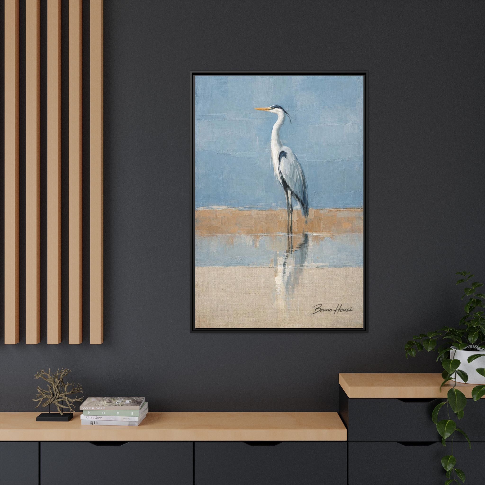 Framed Heron Canvas Art – Coastal Shorebird Wall Decor
