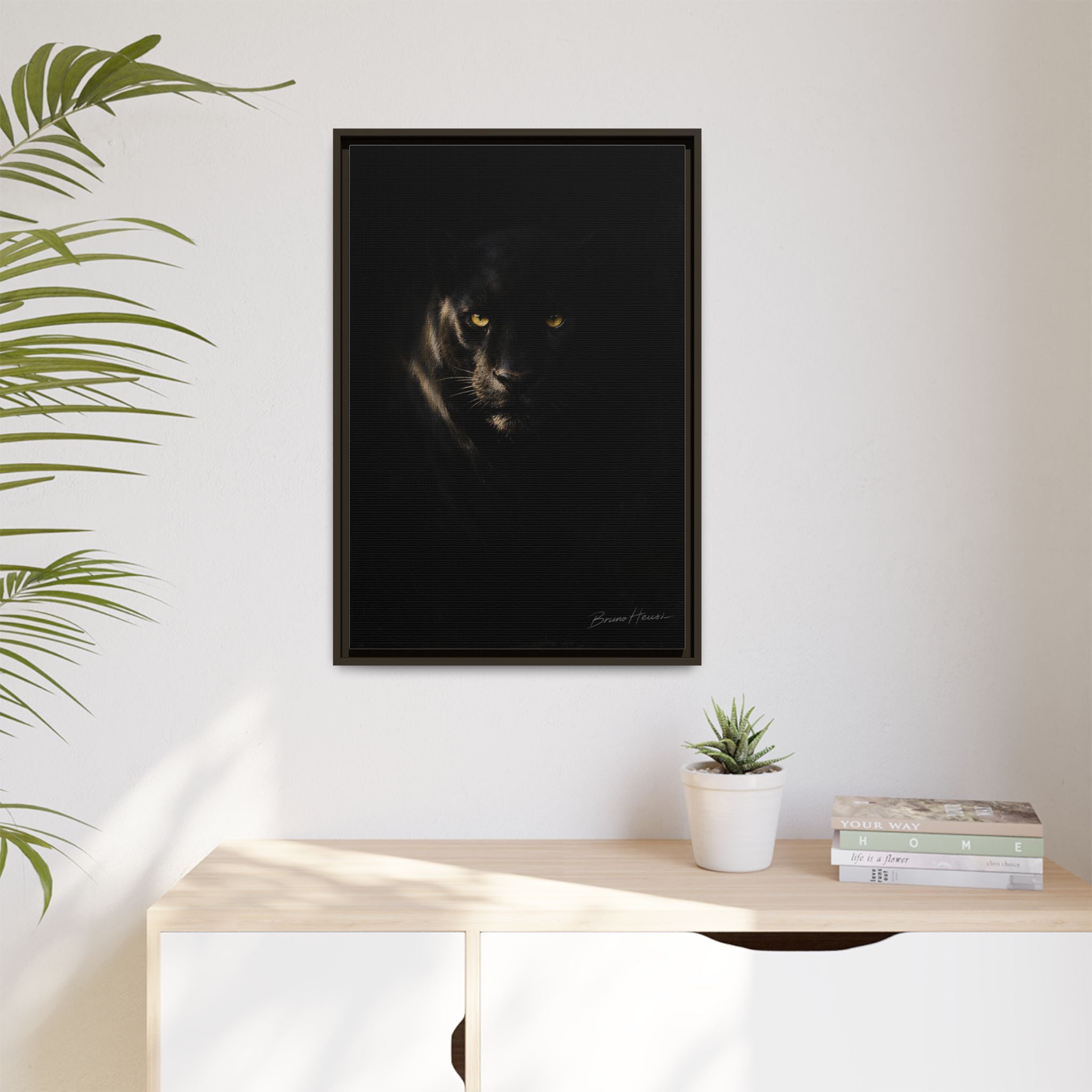 Framed Matte Canvas - Black Panther Wall Art with Golden Eyes