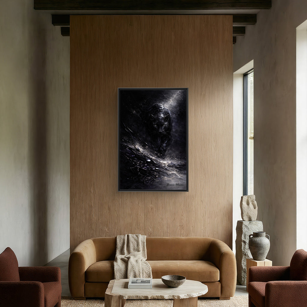Cosmic Black Panther Matte Framed Canvas – Dark Abstract Wildlife Wall Art