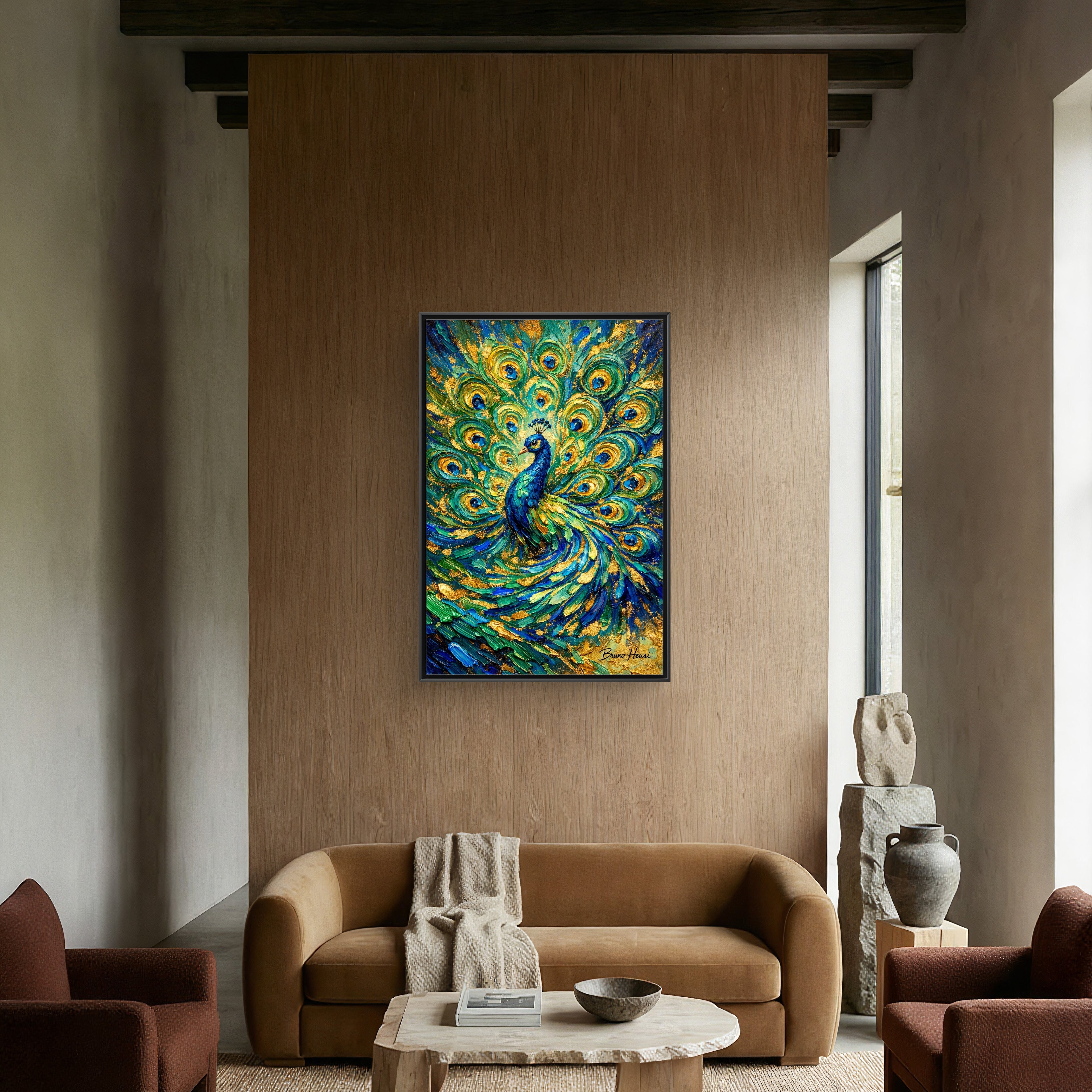 Peacock Oil-Style Framed Canvas Wall Art — Vibrant Blue & Gold Peacock Painting