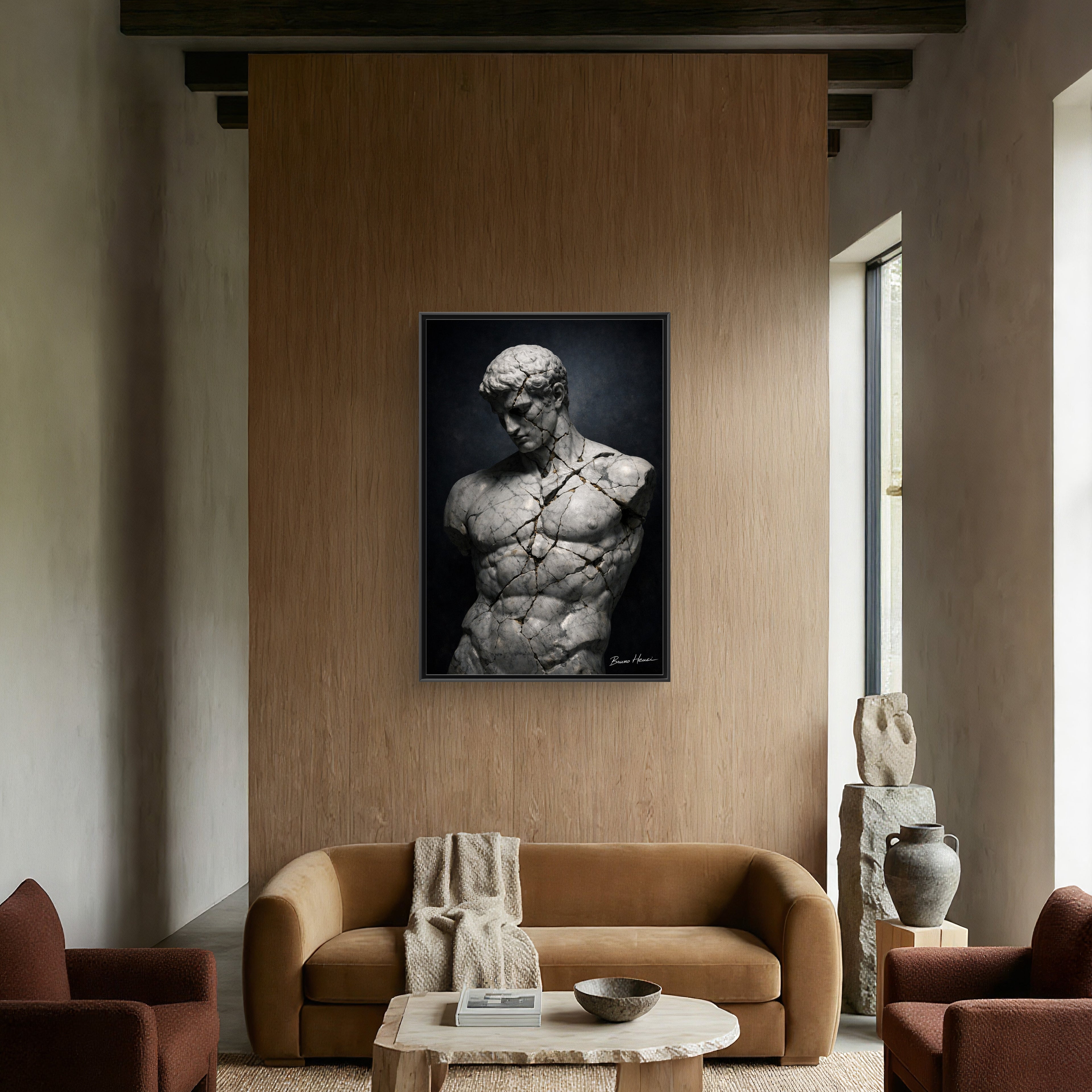 Cracked Marble Bust Framed Canvas Wall Art — Classical Sculpture Print
