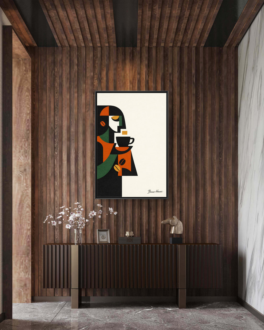 Abstract Coffee Drinker Framed Canvas Print — Modern Café Wall Art