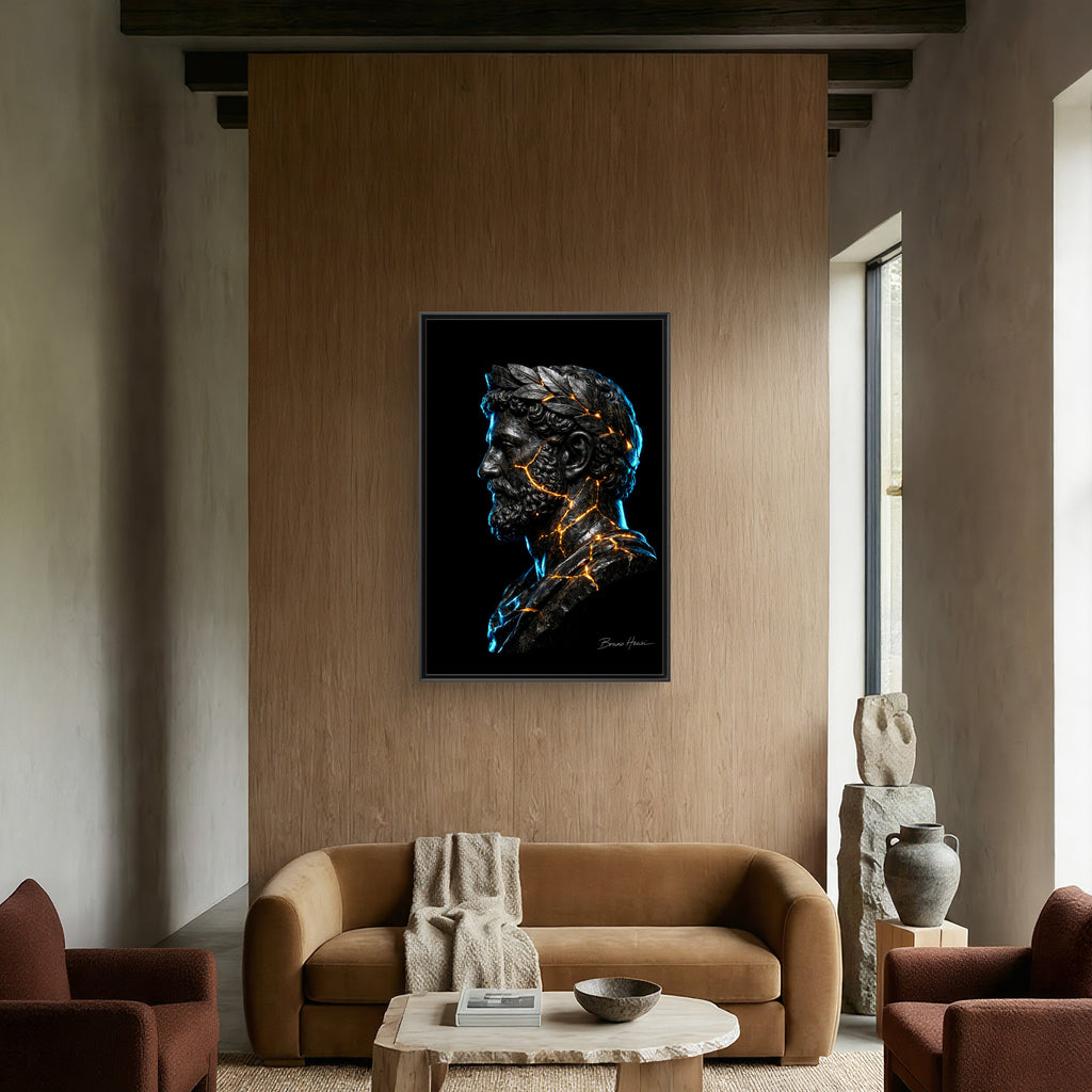 Roman Emperor Neon Bust Framed Canvas Wall Art — Modern Sculpture Print