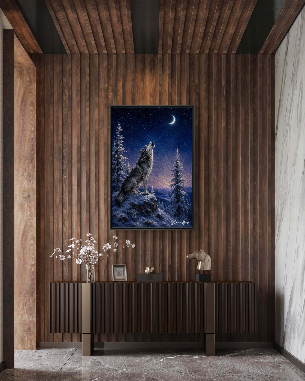 Howling Wolf Moon Framed Canvas Art - Matte Multi-Color Wilderness Print