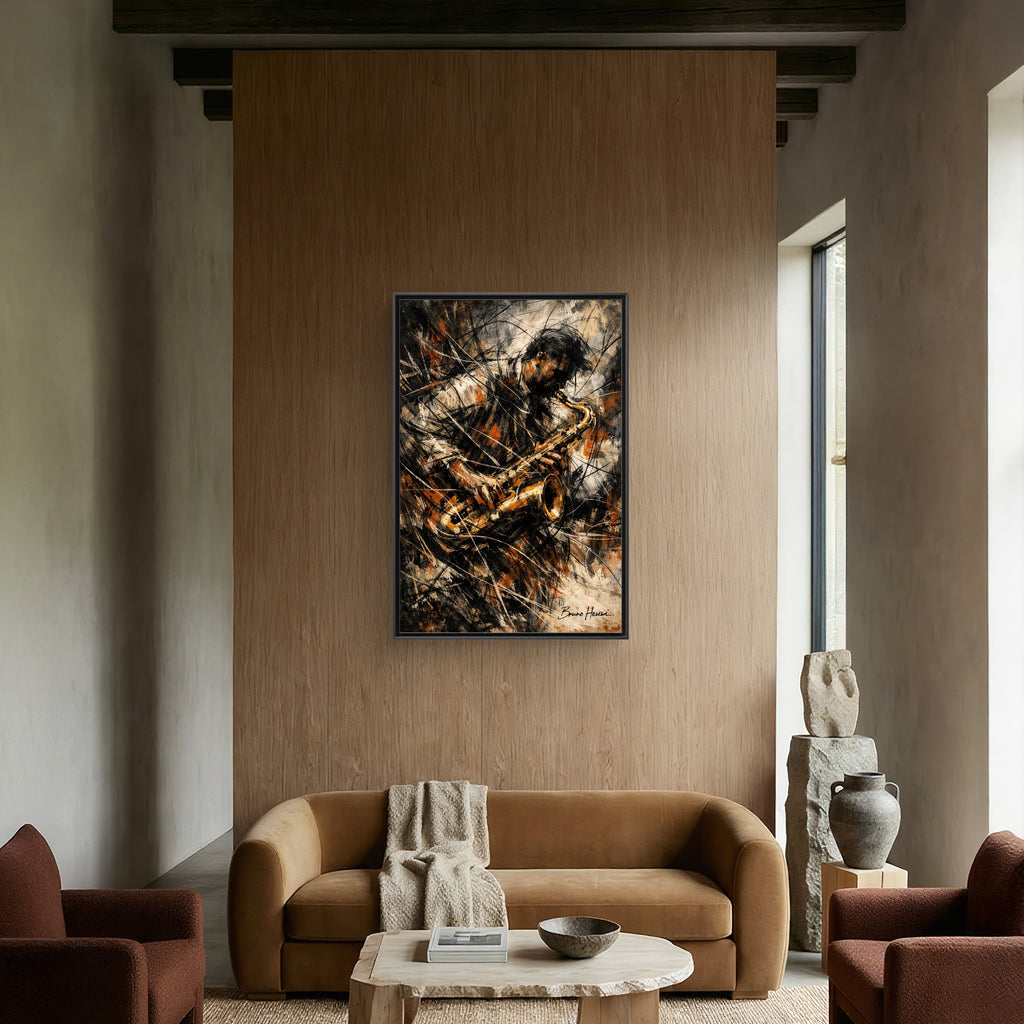 Saxophone Jazz Musician Framed Canvas Wall Art — Abstract Music Print