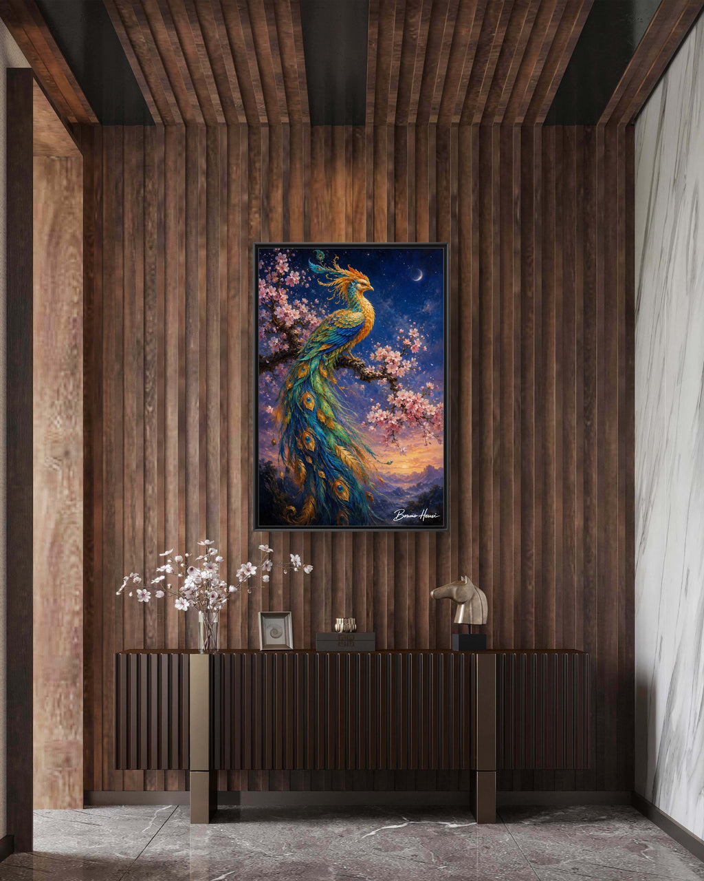 Framed Peacock Canvas Wall Art — Vibrant Fantasy Bird Print
