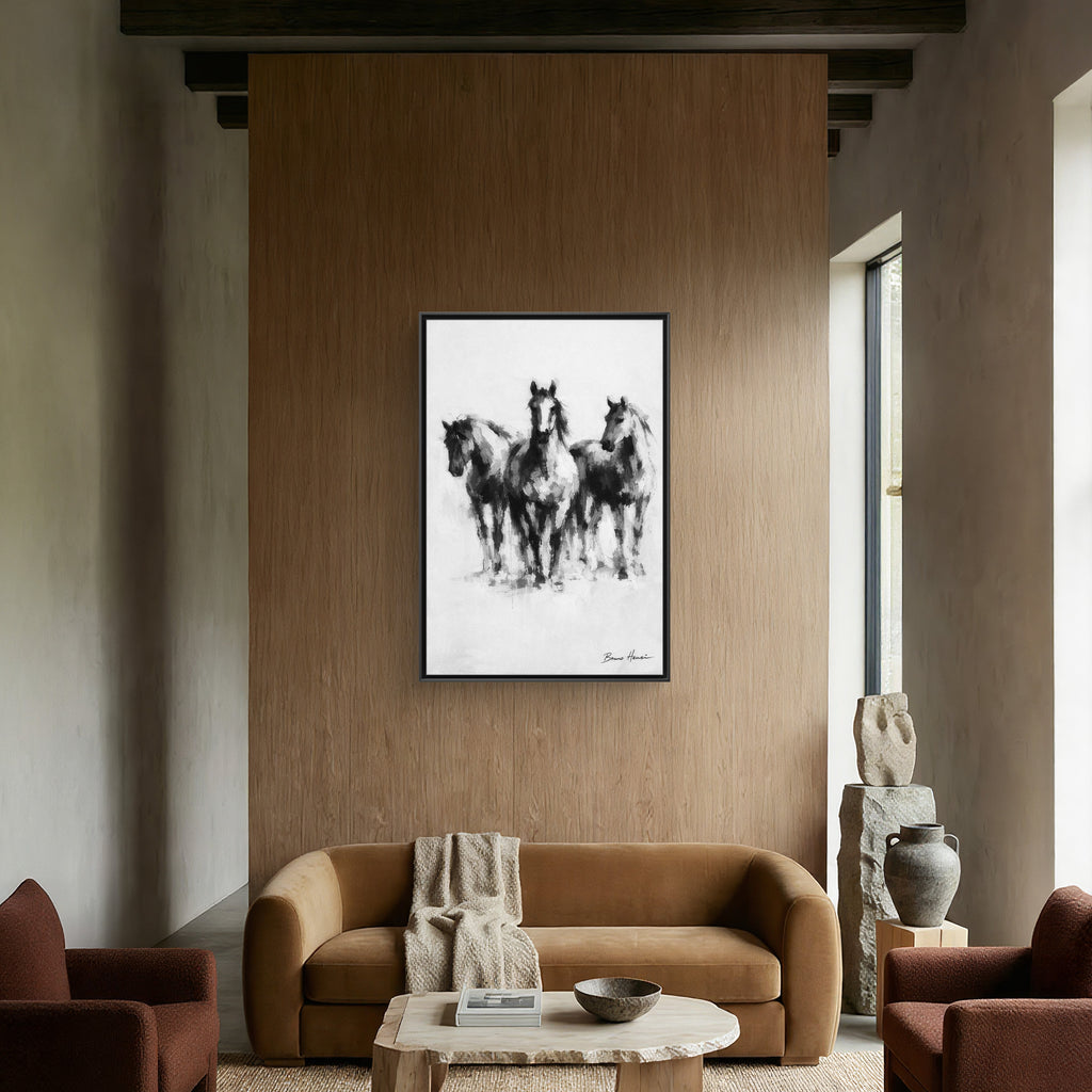 Framed Matte Canvas Print – Three Galloping Horses Black & White Wall Art