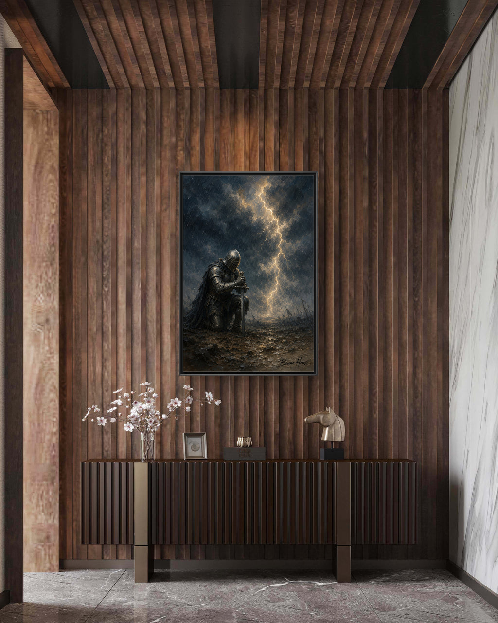 Knight in Thunderstorm Matte Framed Canvas — Dark Fantasy Wall Art